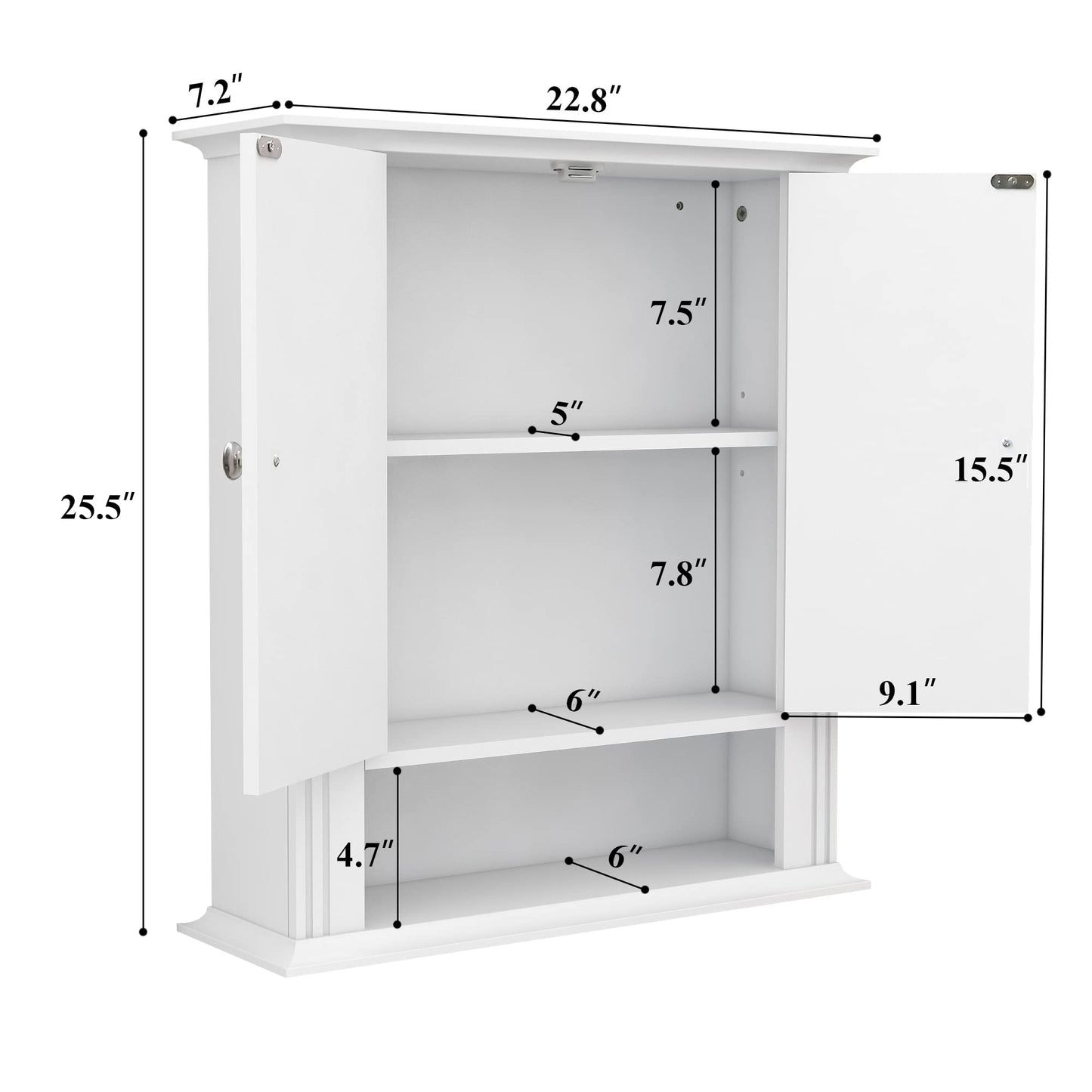 White Bathroom Wall Cabinet, Over the Toilet Storage Cabinet, Bathroom Cabinet Wall Mount, 2 Doors & Hooks, Medicine Cabinet Organizer, Hanging Wall Cabinet Cupboard for Kitchen Laundry Room White