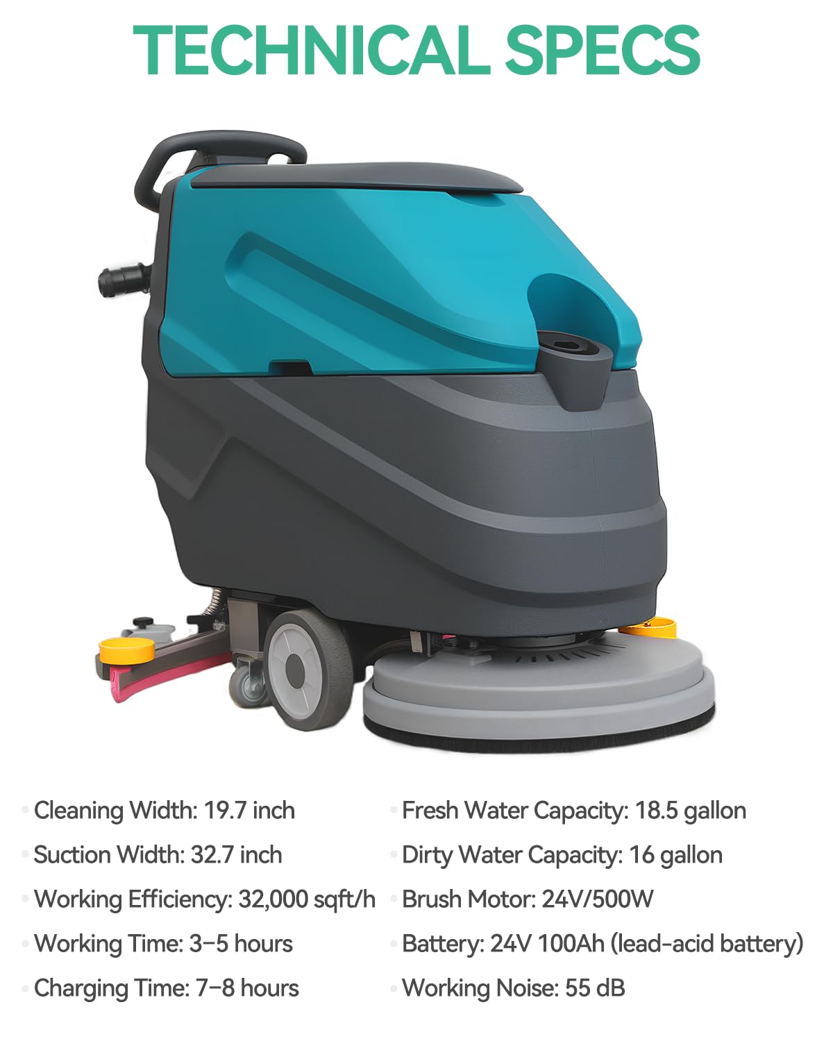 Walk Behind Commercial Floor Scrubber Machine, 22" Cleaning and 33" Suction Width, 18.5-Gal Sewage and 15.9-Gal Water Tank, 32000 Sqft/h, Cordless, Complete Set of Parts
