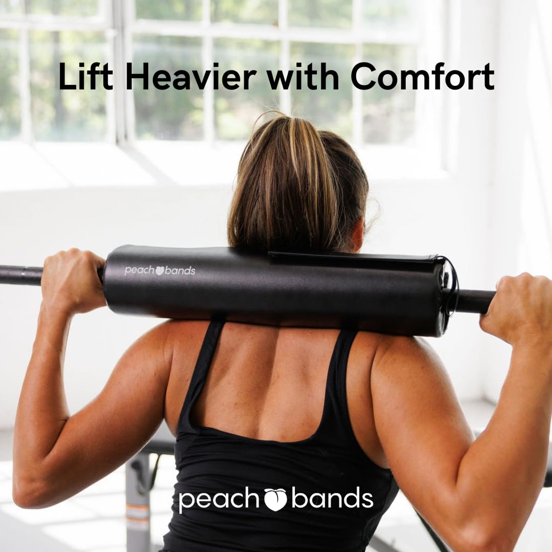 Peach Bands Barbell Pad with Secure Straps for Squats and Hip Thrusts (Black Vegan Leather)