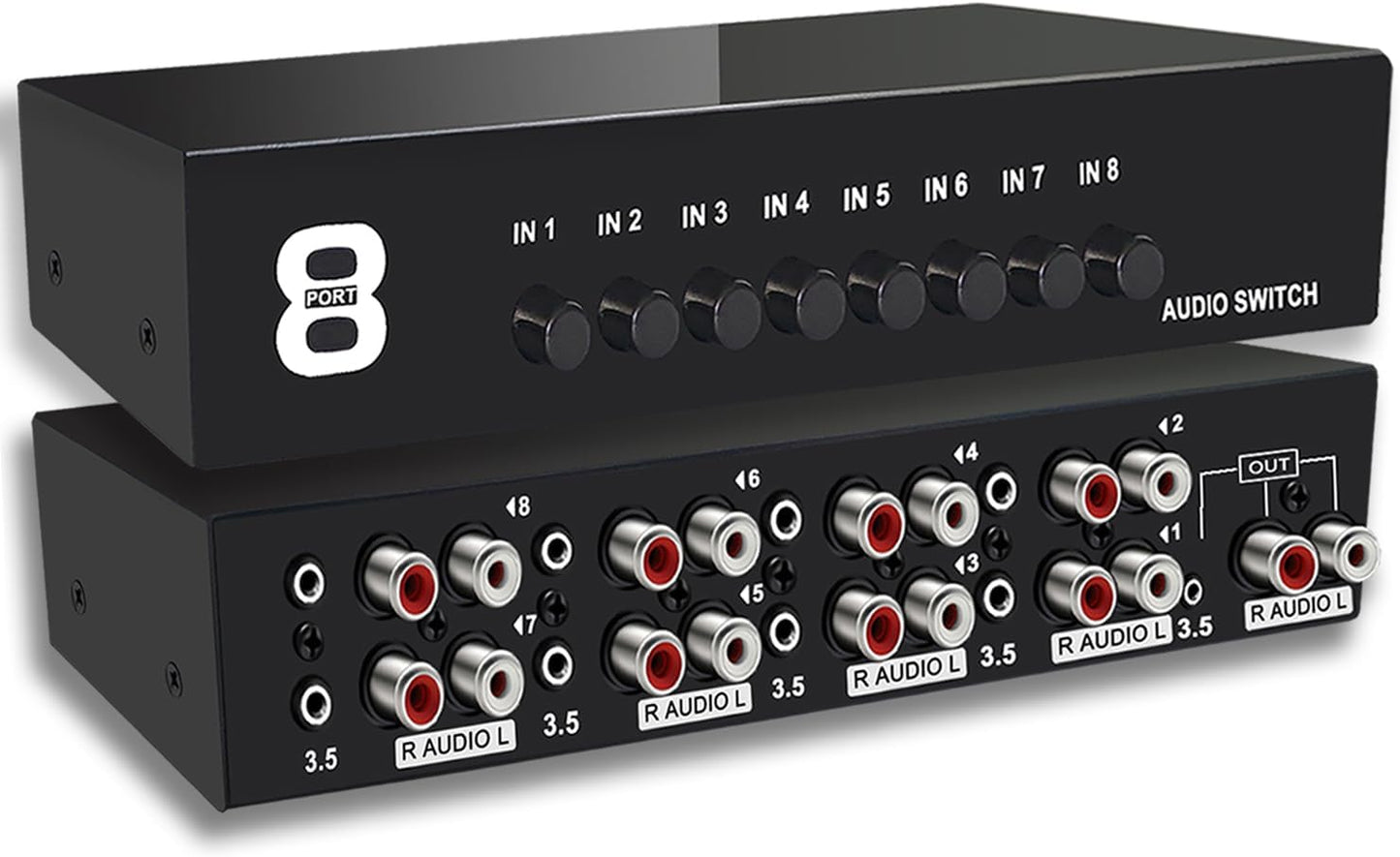 FlyroadUp 3.5mm 8 1 Aux + RCA L/R Bi-Directional Stereo Audio Switch in Out A/B Analog Audio Switcher Selector