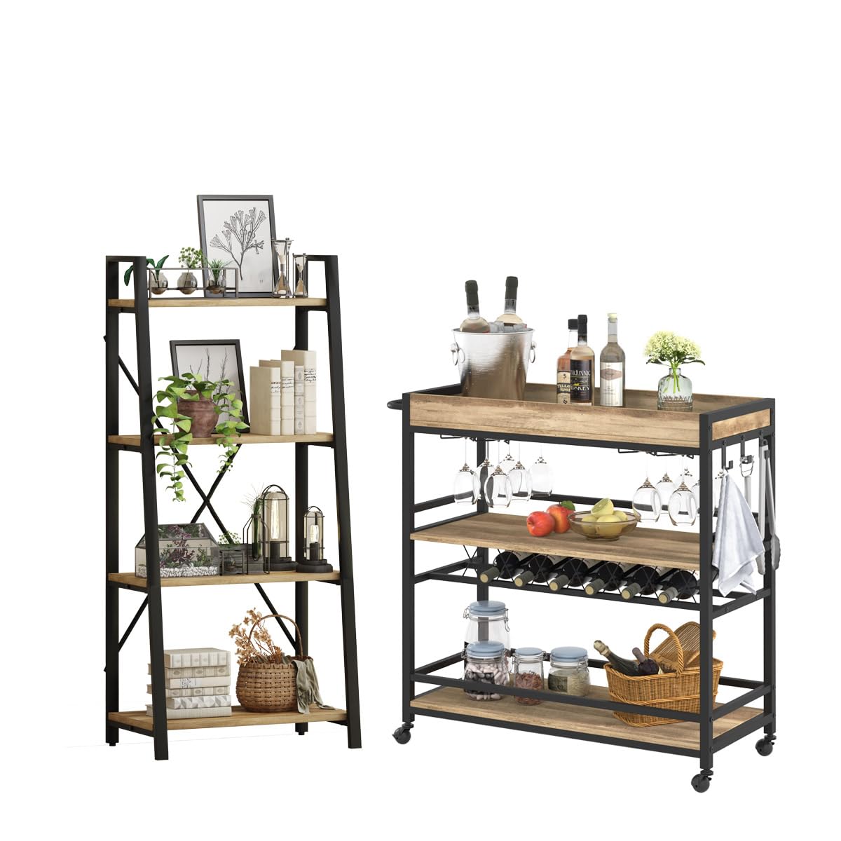 BON AUGURE Bar Cart for The Home, Bar Serving Carts on Wheels with Industrial Ladder Shelf Bookcase, 4 Tier Rustic Ladder Bookshelf, Standing Leaning Book Shelves for Living Room (Vintage Oak)