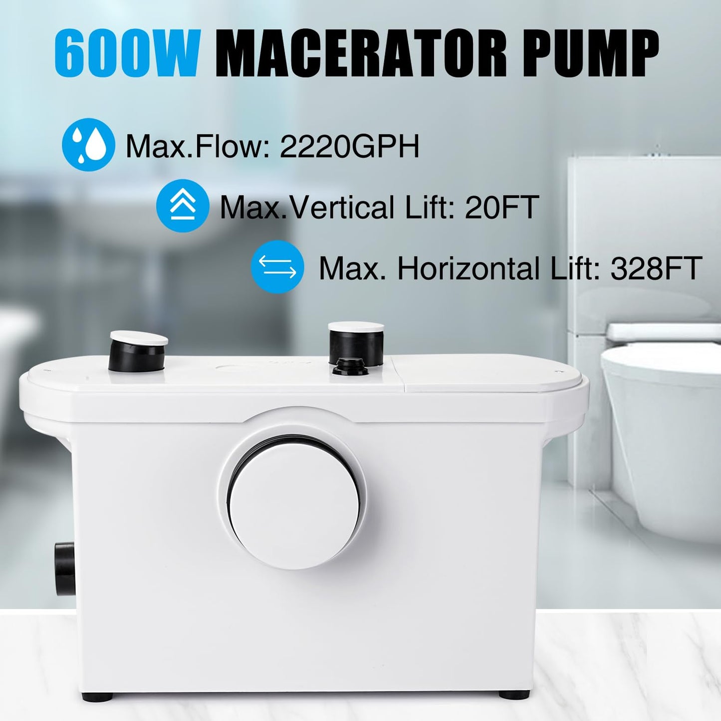 TOPWAY 600W Macerator Pump, Macerator Sewerage Sump Pump with 3 Water Inlets for Toilet, Basement, Kitchen, Sink, Shower, Bathtub Waste Water Disposal Upflush Machine