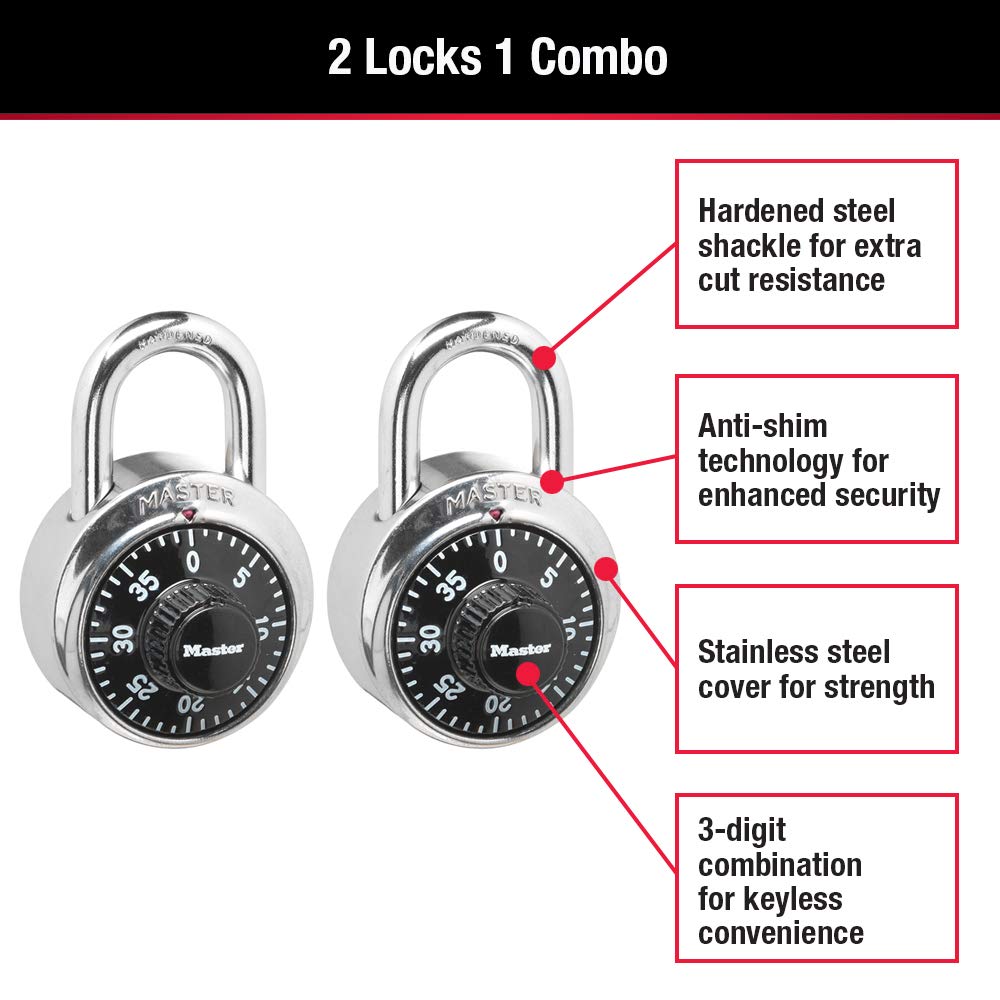 Master Lock Black Gym Locker Lock Combination Padlock, Indoor Combo Lock with Preset 3-Digit Code for Cabinets, Storage, 2 Pack, 1500T