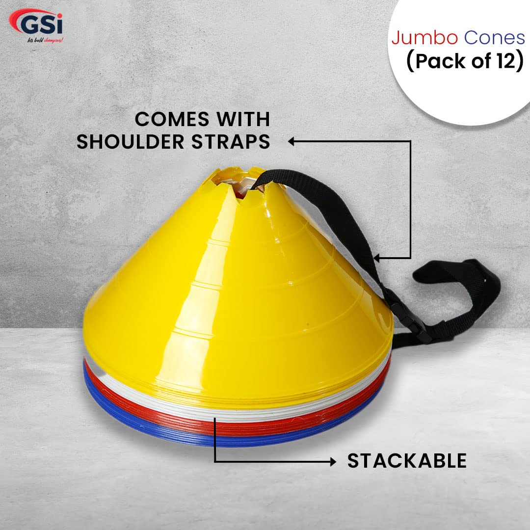 GSi Jumbo Soccer Cones - 12 Pack | High Visibility | Convertible Cone/Hurdle | Carry Strap Included | for Sports Training Drills
