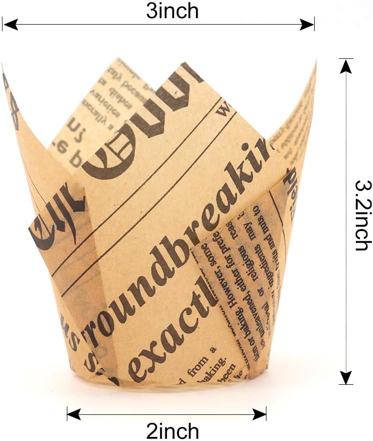 Skiennix Tulip Cupcake Liners - 150 Grease-Proof Baking Cups for Weddings & Parties | Standard Size, Natural Newspaper Print
