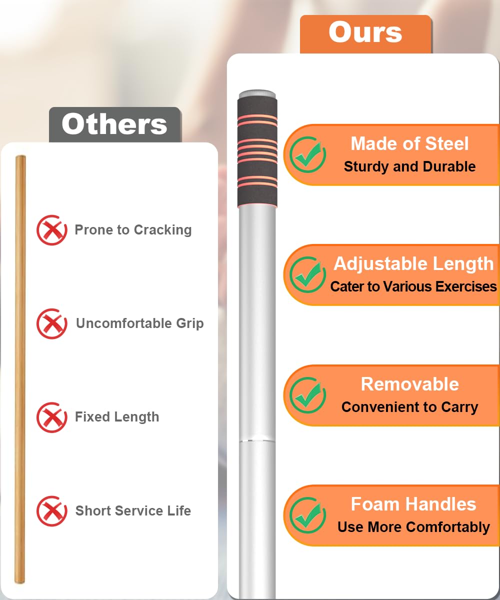 Queension 5 ft Yoga Stick Sturdy Steel, Portable Mobility Stick with Non-Slip Handle for Posture Correction, Balance, Physical Therapy, Exercise Stick with 4 Steel Rods for Stretching, Flexibility