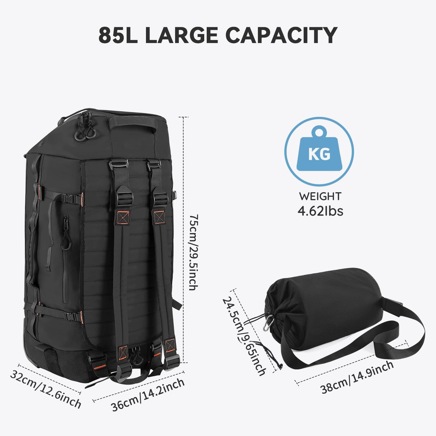 Vrtisa 85L 29“ Foldable Rolling Backpack with Wheels, Soft-side Travel Duffle Bag with Separate Shoe Compartment, Full Quilted Bottom,Black