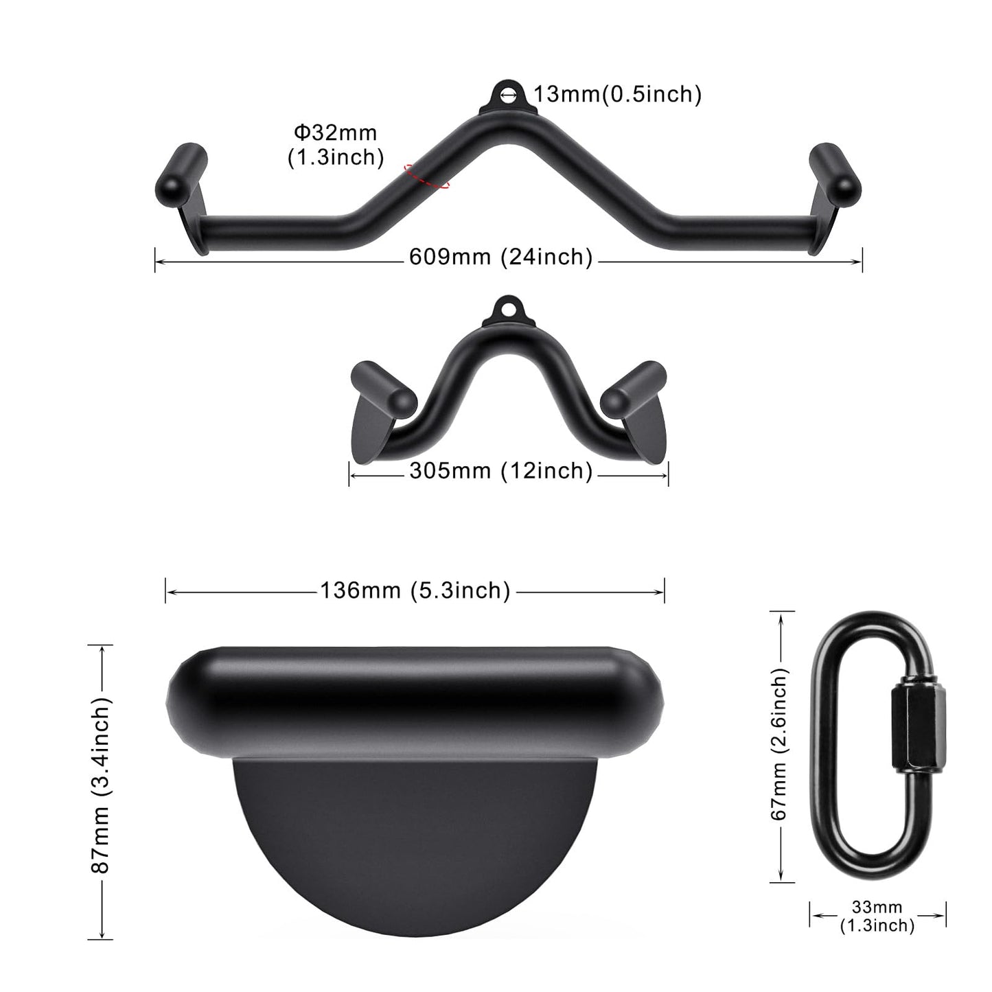 Kipika LAT Pull Down Bar for Cable Machine - Heavy Duty Steel T and V Cable Attachment With Quick-Connect Buckle - Back Tricep Strength Training Handle for Home Gym - 12" and 24"