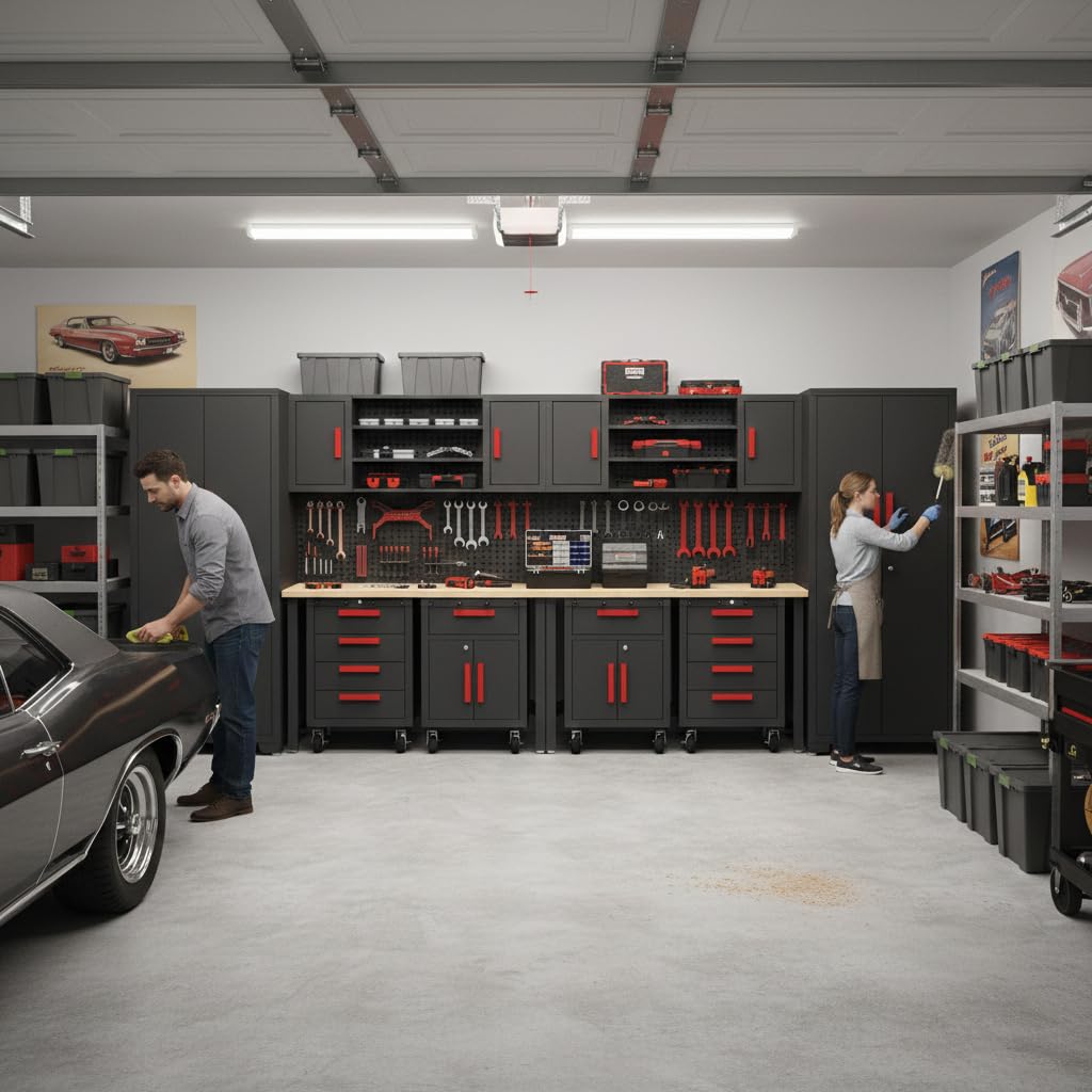 Tsnritor Garage Storage Cabinet System, 12PCS Garage Cabinets and Storage System Kit Workshop Set with Steel Cabinet, Cabinet Drawers, Workbench, Red Handle