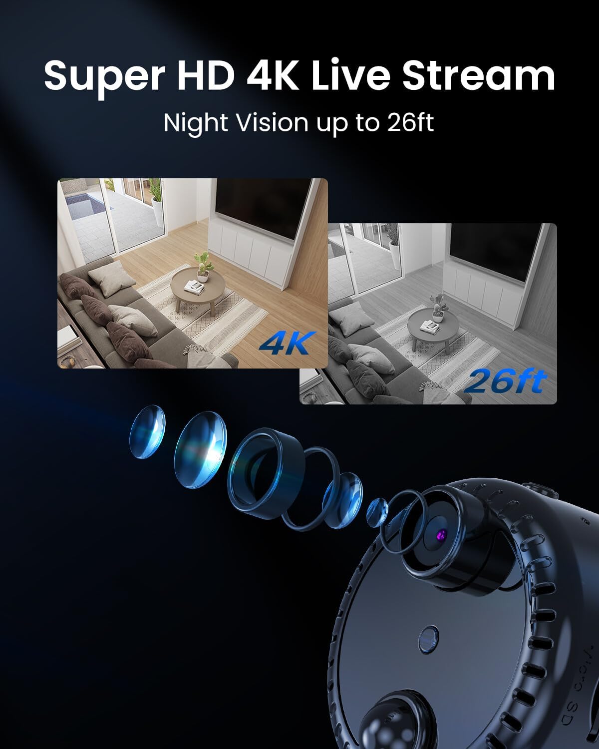 VIDCASTIVE 4K Mini WiFi Indoor Camera Wireless Nanny Cam with Night Vision, AI Motion Detection, Long Battery Life
