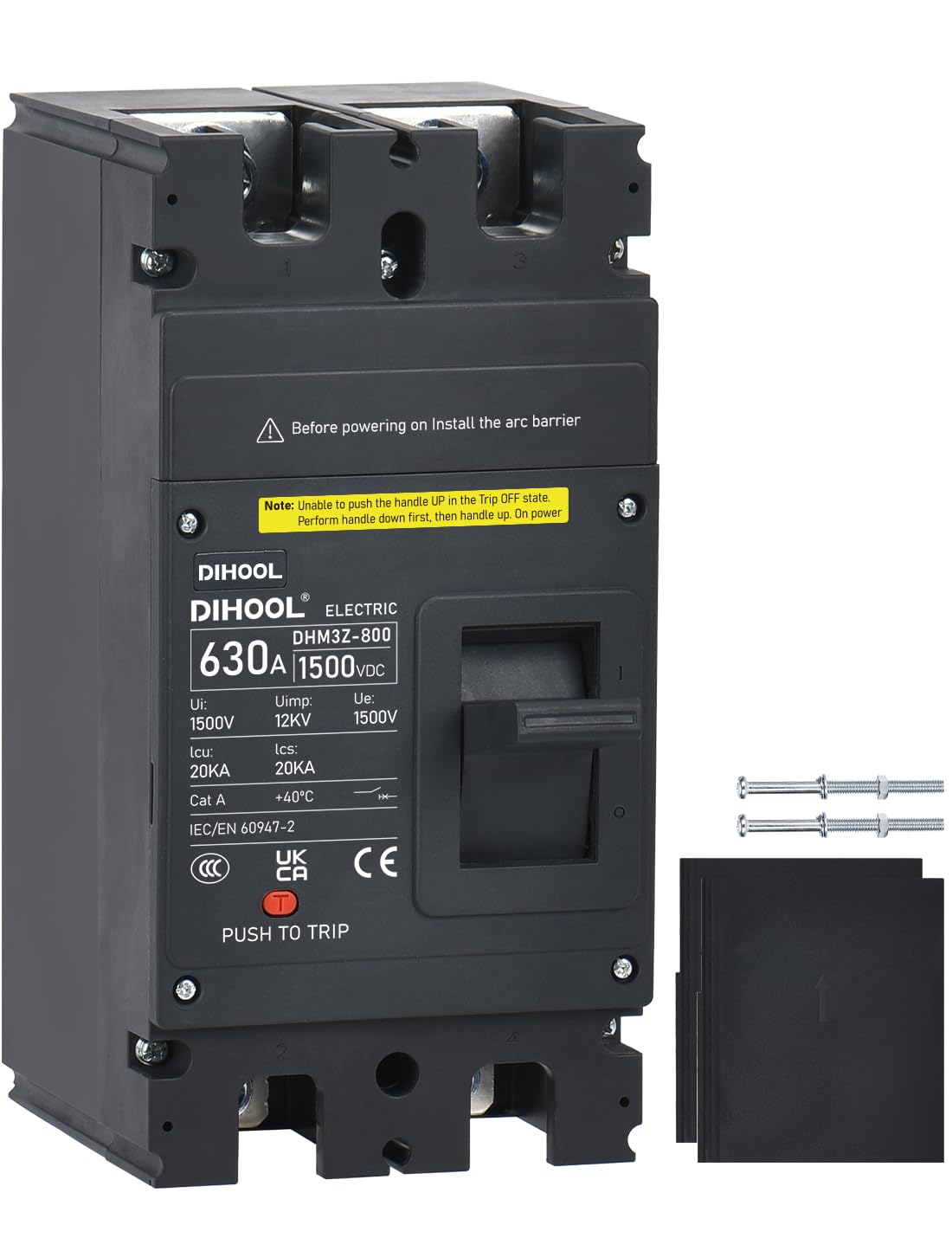 DIHOOL 630 Amp DC Circuit Breaker,2P 1500V 20kA,Heavy Duty Battery Disconnect Switch with Thermal Magnetic Trip for Solar System