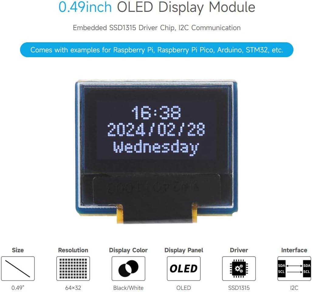 0.49inch 5, 6432 I2C Communication, Waveshare OLED Display Module, Compatible with Raspberry Pi Resolution, Black/White