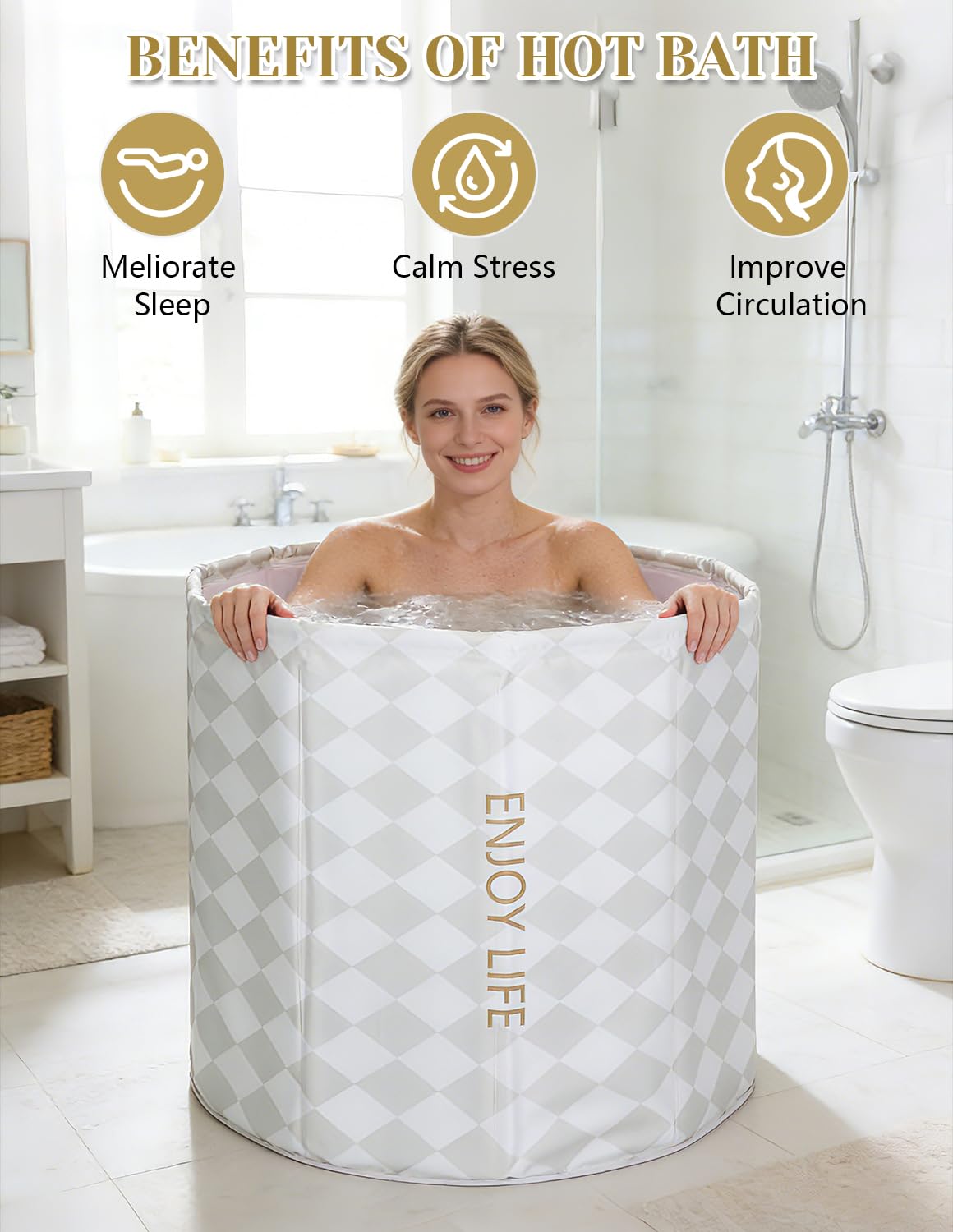ALSKHEAS Portable Bathtub for Adults, Collapsible Freestanding Bathtub for Shower, Hot Ice Bath Tubs with Thickened Thermal Foam to Keep Temperature, PVC Outdoor Soaking Tub (Argyle)