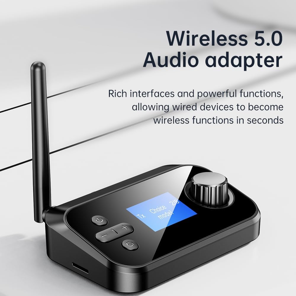 eppfun 3.5mm Bluetooth Transmitter for TV, Audio Adapter Receiver for Home Stereo with Volume Control ON/Off Switch LCD