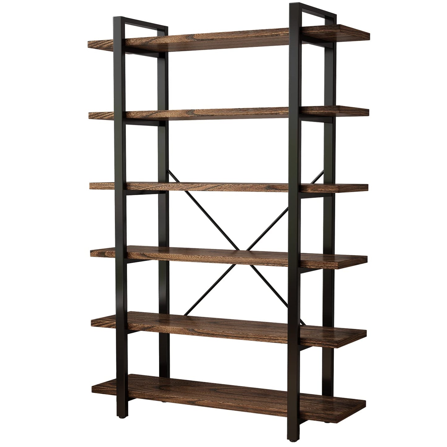 AY-AOYUAN Solid Wood Bookcase and Book Shelves Wood and Metal Shelving Unit 6 Tier Bookshelf Modern Rustic Open Bookshelf Office,Distressed Brown (AY-02-6Tier)