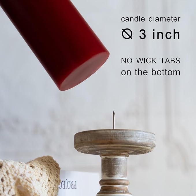 MOZEAL 3" x 4" Hand-Poured Unscented Dark Red Pillar Candles,Dripless Candles Set of 3,Smokeless,Clean Burning,Approx 60 Hours Burn Time,Dinner,Christmas and Home Decorï¼? Inch Width Seriesï¼?Bordeaux