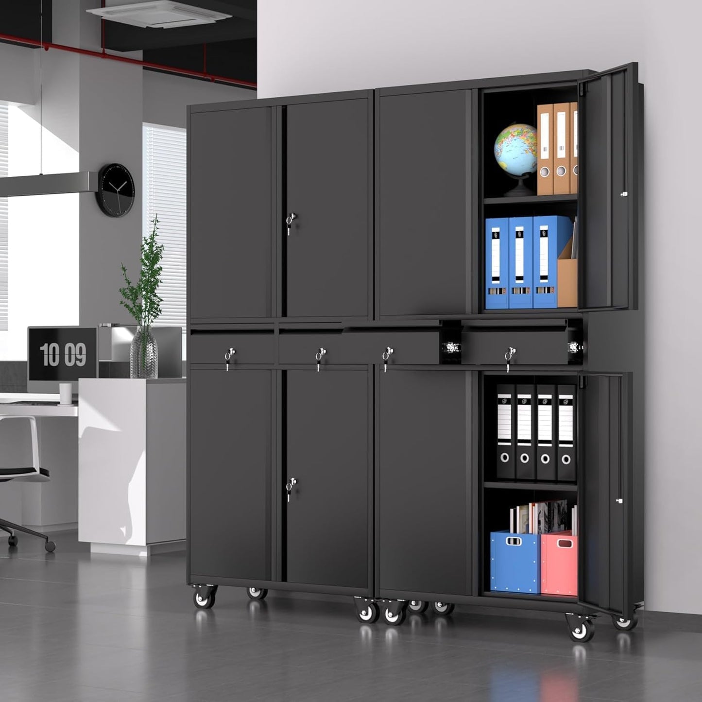 IDEALHOUSE 73'' Metal Storage Cabinet, Heavy Duty Garage Storage with Wheels, Locking Doors and 2 Drawers, Adjustable Shelves for Garage, Workshop, Office, Black
