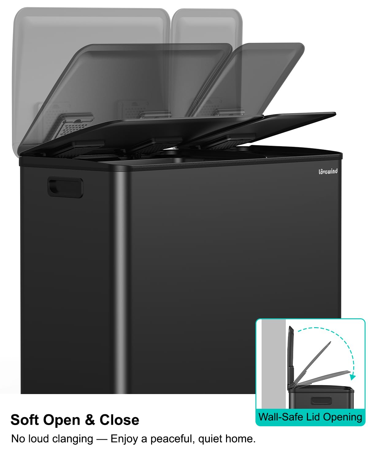 Dual Trash and Recycling Bins for Kitchen, 19+8 Gallon (72+30L) Stainless Steel Trash and Recycle Bin Combo with Soft-Close Lid, Large Garbage Cans for Kitchen Home with 2 Magnets Sticker, Black