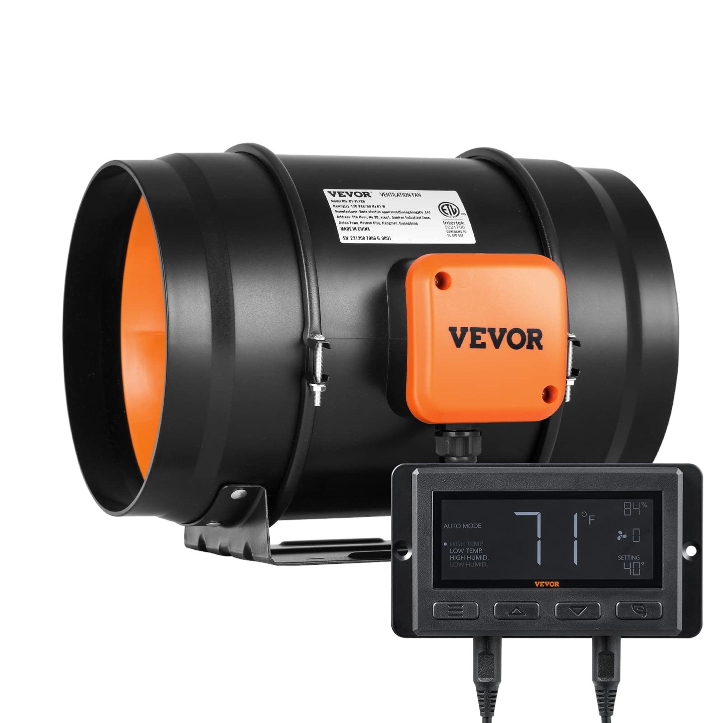 VEVOR Inline Duct Fan, 8-Inch 807 CFM with Temperature Humidity Controller, Quiet EC-Motor Ventilation Exhaust Fan for Cooling Booster, Grow Tents, Hydroponics
