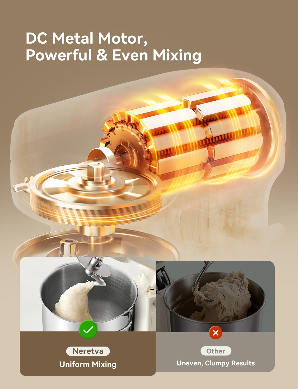 Neretva Stand Mixer, 6.34QT & 6 Speed Professional Mixers Kitchen Electric Stand Mixer Super Stable & Lower Noise Household Stand Mixer with Stainless Steel Bowl, Whisk, Flat Beater, Dough Hook -Beige