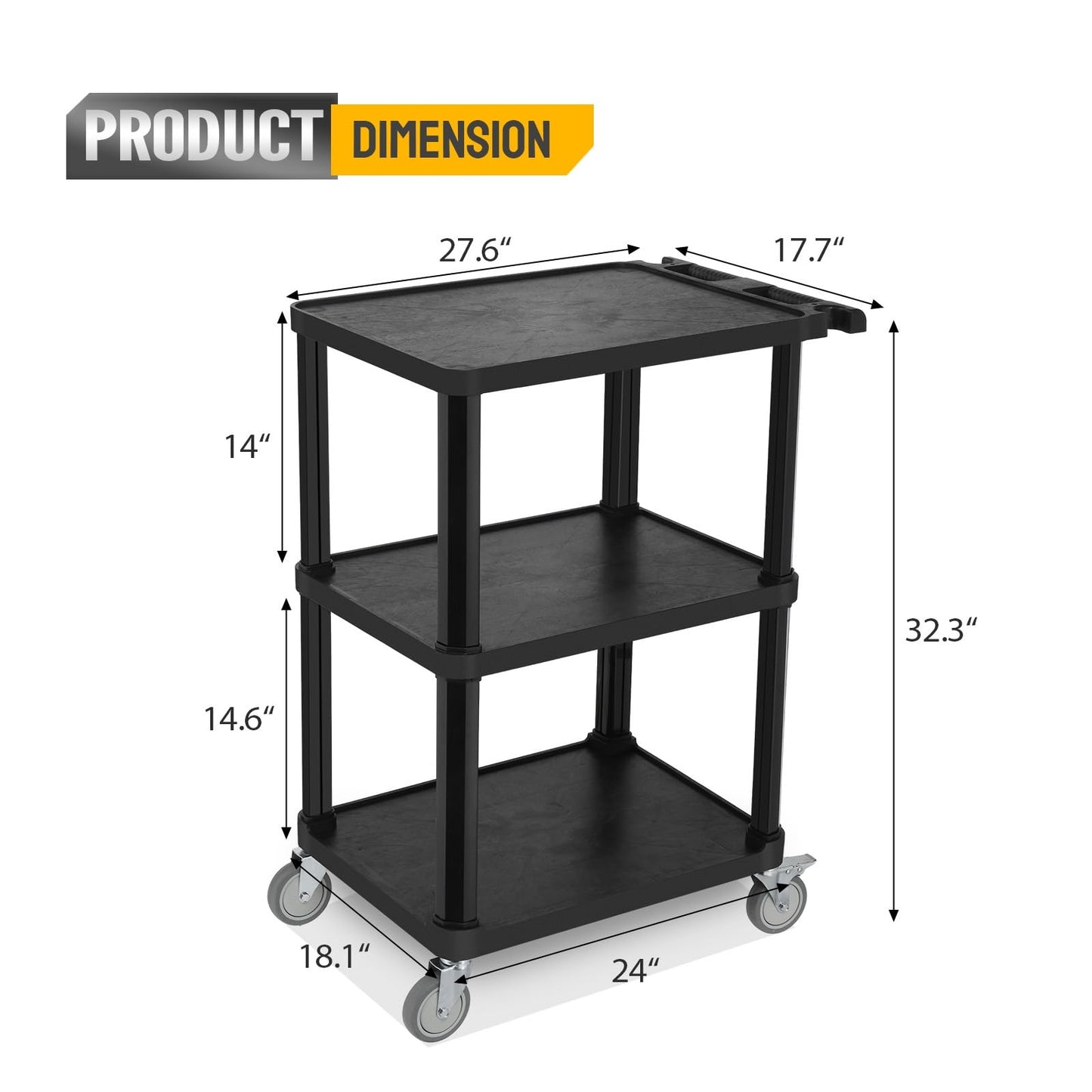 Leadzm 3-Tier Plastic Flat Utility Cart, Commercial Rolling Service Cart on Wheels with Braker, Multi-Function Handle and Large Capacity Storage, Perfect for Warehouse Garage Office, Black