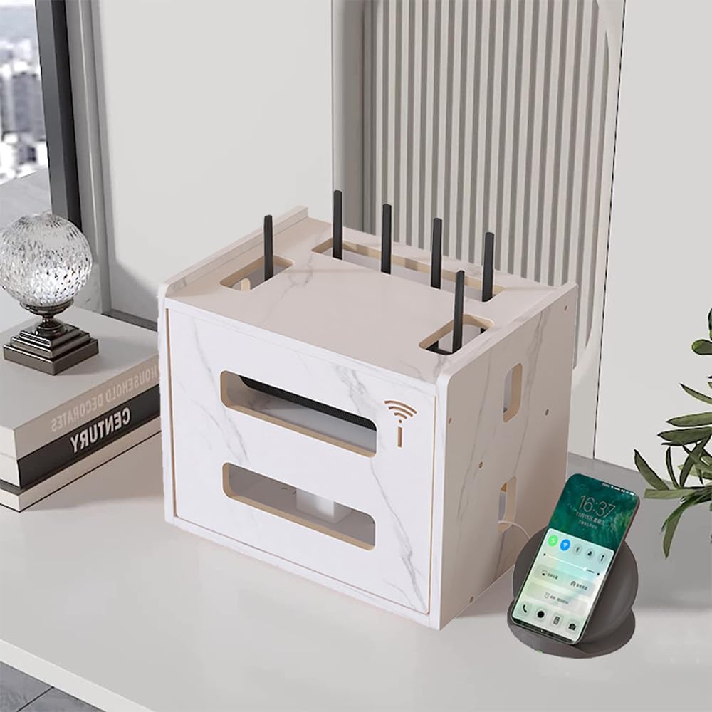 W WWEENUO Wooden Router Shelf, Desktop WiFi Router Storage Box Modem Rack Cover Power Strip and Cable Management Hider