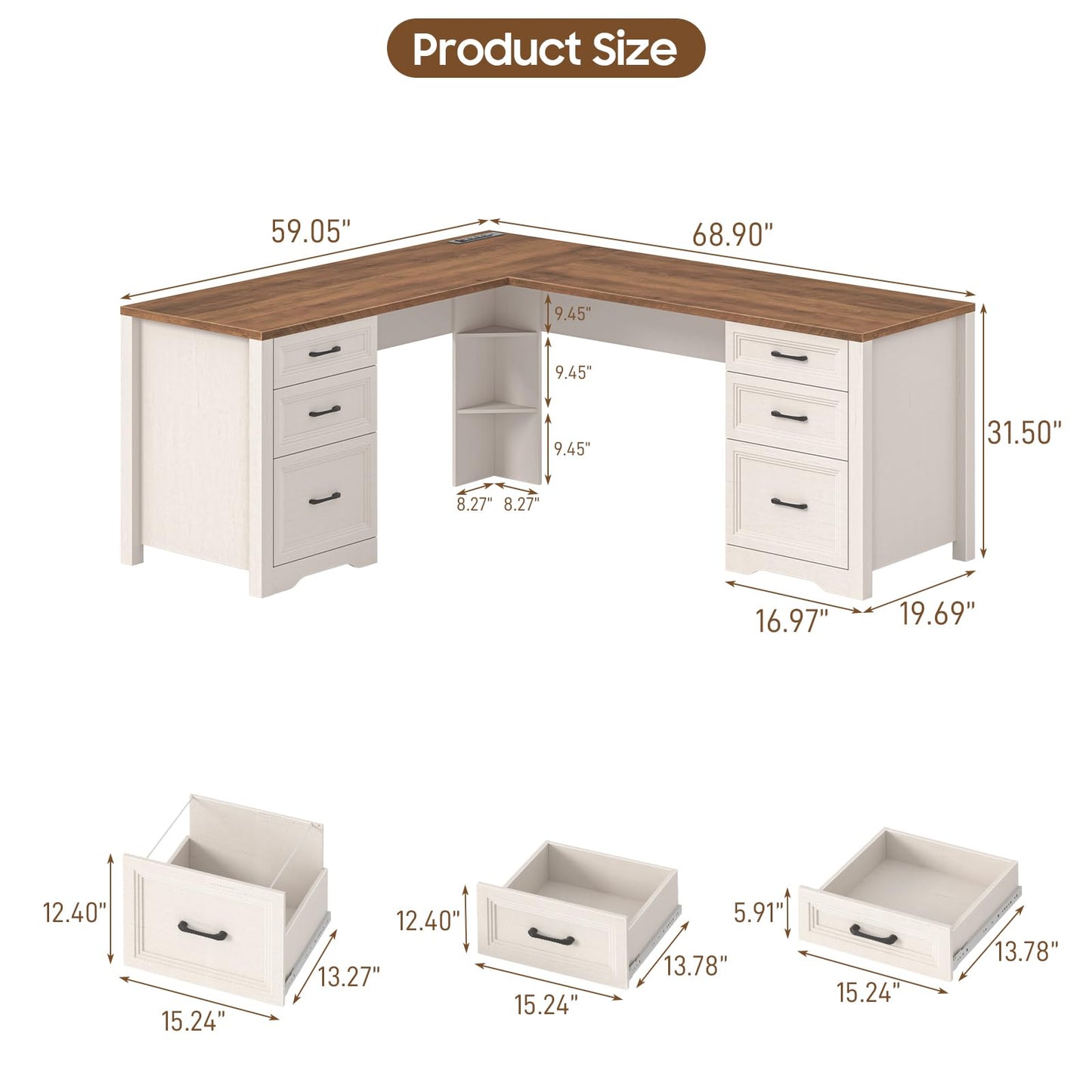 Vabches Wood L Shaped Executive Desk with 6 Drawers, Farmhouse Home Office Desk with Power Outlets and Triangle Under-Desk Storage Shelf & Drawer File Cabinet, Corner Computer Desk, Brown