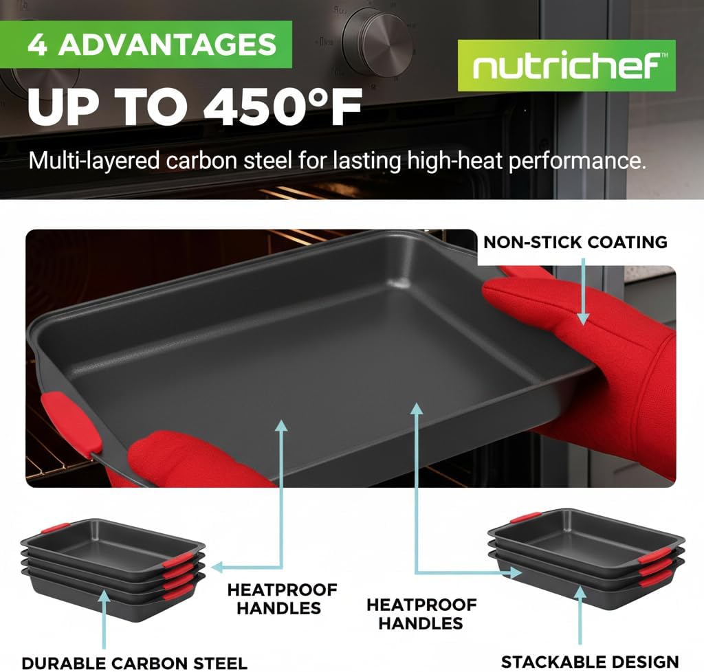 NutriChef 10-Piece Nonstick Baking Pans Set - Premium Carbon Steel Bakeware with Silicone Handles | Easy to Clean