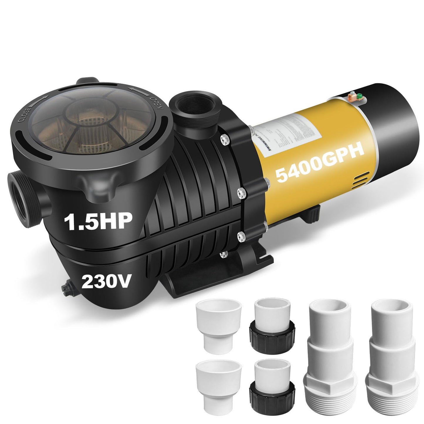 230Vac 1.5HP Two-Speed Energy-Saving Pool Pump for In/Above Ground Pools, 5400GPH Self-Priming Swimming Pool Motor with 1.25" & 1.5" & 2.0" Adapters