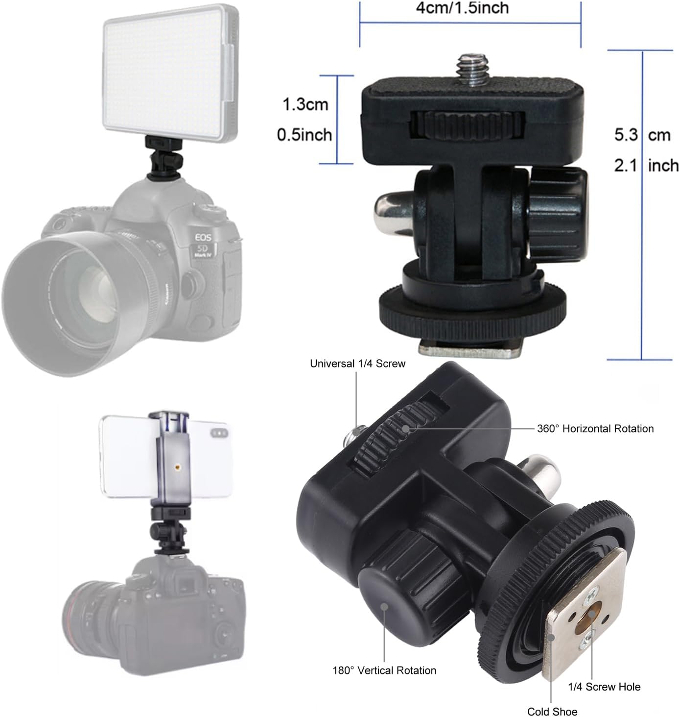 30Pack 1/4 3/8 Inch 1/4" Camera Tripod Screw Mount Kit to Adapter Threaded Converter Swivel Ball Head and Hot Shoe E