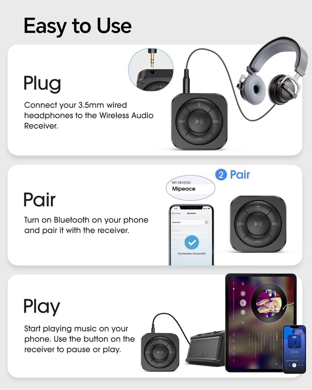 MIPEACE 5.3 Bluetooth Audio Receiver for Wired Headphones, Car & Speakers, Bluetooth Headphone Adapter with Built