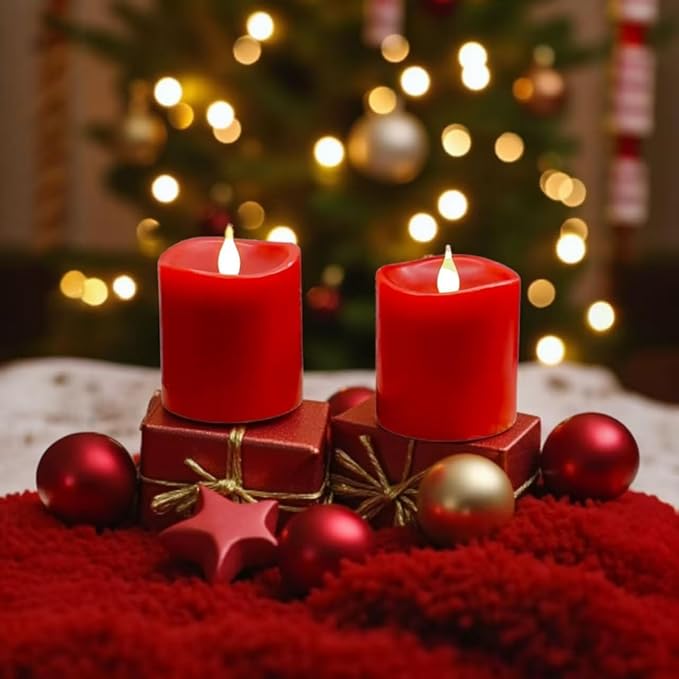 Red Flameless LED Candles 3 inch Diameter Real Wax 2AA Battery Operated 600hr+ Flickering Candles with Timer Remote Control for Halloween Thanksgiving Christmas Wedding Indoor (Red, 3″×3″- 2 PCS)