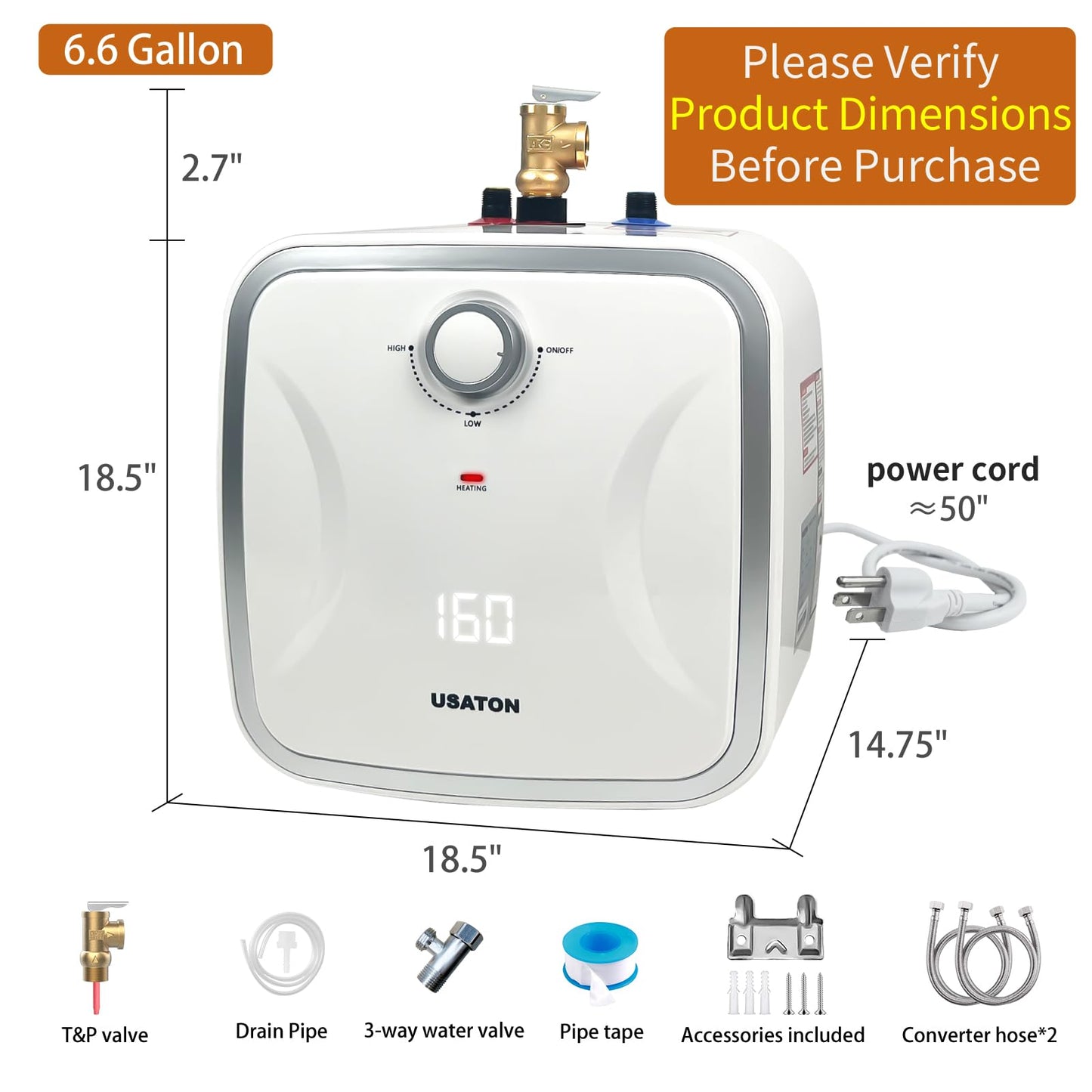6.6 Gallon Hot Water Heater Electric - Under Sink Portable Mini Hot Water Tank with LED Display for RV Camper Kitchen Food Truck, 110V/120V 1440W, Wall or Floor Mounted Simple Installation