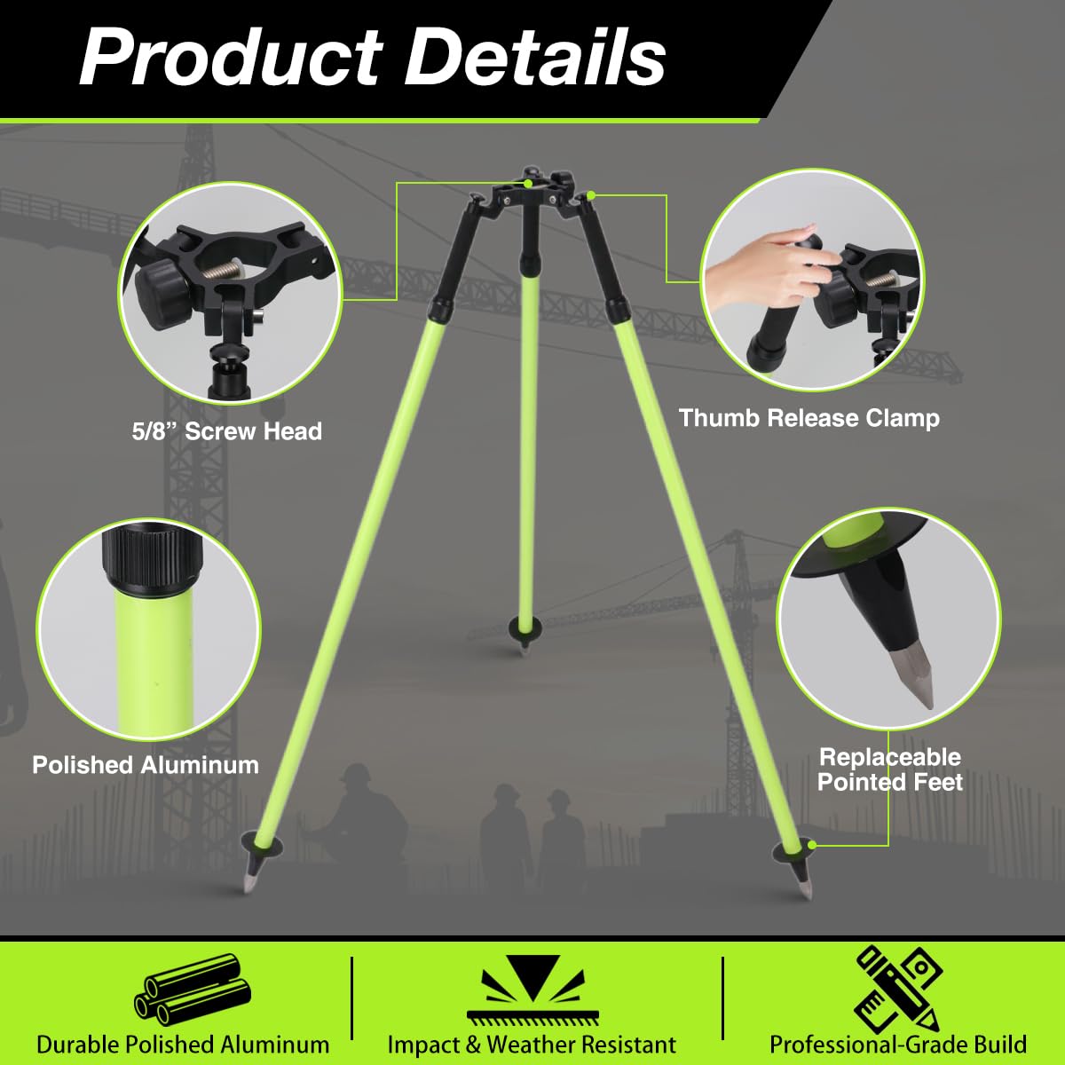 MOETER Aluminum Surveying Tripod for Survey Pole, GPS Pole – Thumb Release Survey Tripod with Extendable Legs, 5/8" Head for GNSS, Total Station Use (Green)