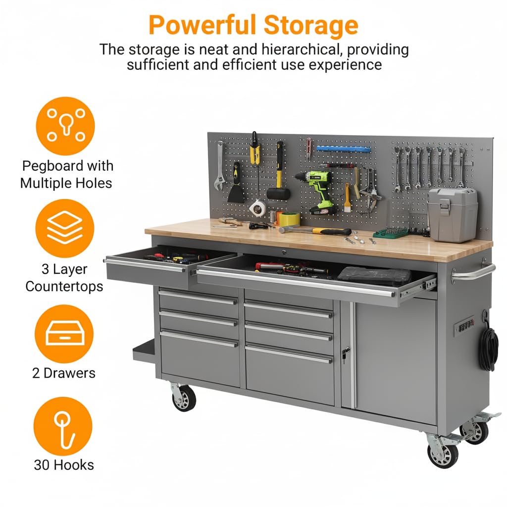 IDEALHOUSE 61-inch Rolling Tool Chest, 10 Drawers Garage Workbench Storage Tool Cabinet with Power Strip, Solid Rubber Wood Top, 1675 LBS Load Mobile Workstation, Heavy Duty Rolling Cabinet, Silver
