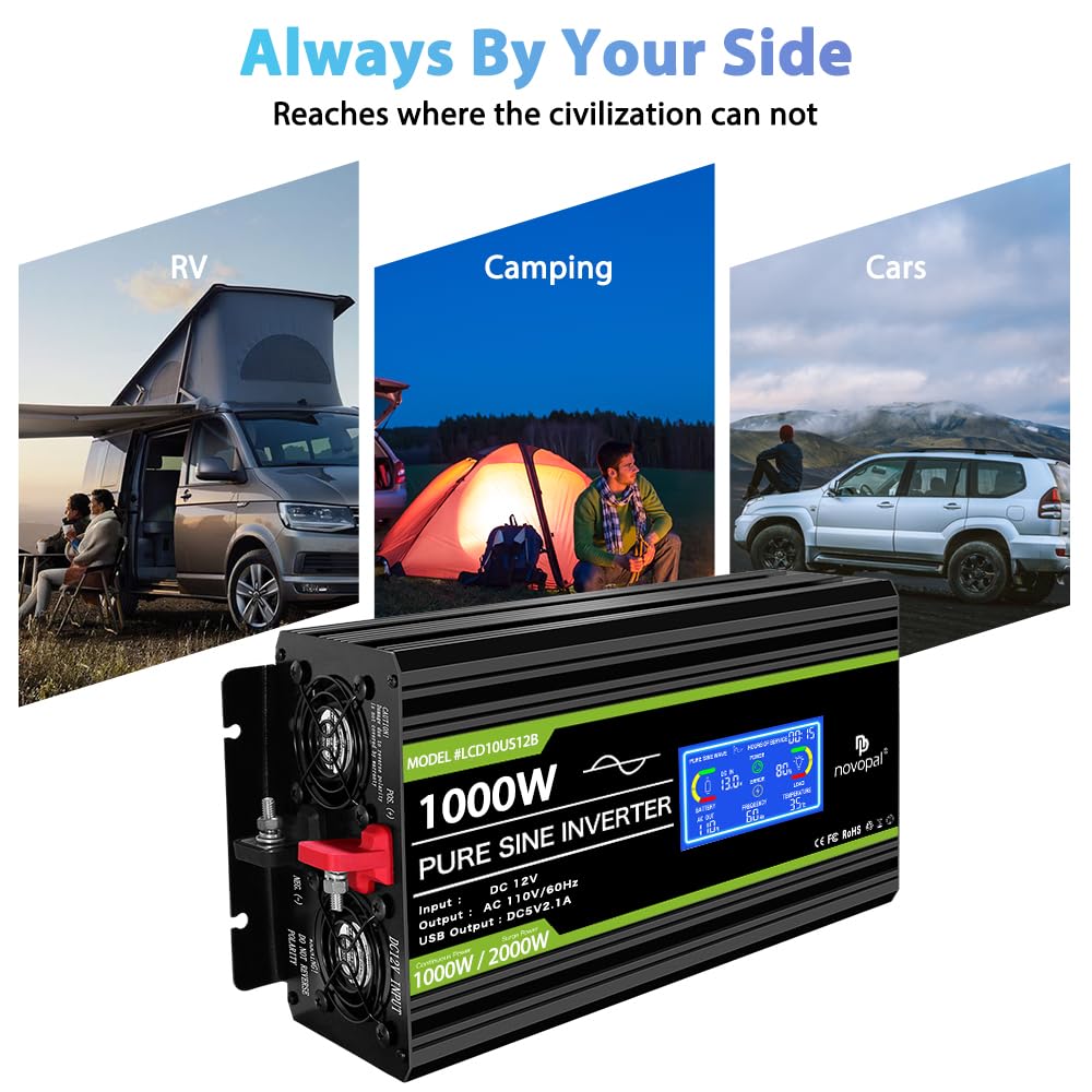 Novopal 1000 Watt Pure Sine Wave Power Inverter 12V DC to 110V/120V AC Converter- 4 AC Outlets Car Inverter with 1 USB Port-16.4 feet Remote Control,Two Cooling Fans and LCD Display Black