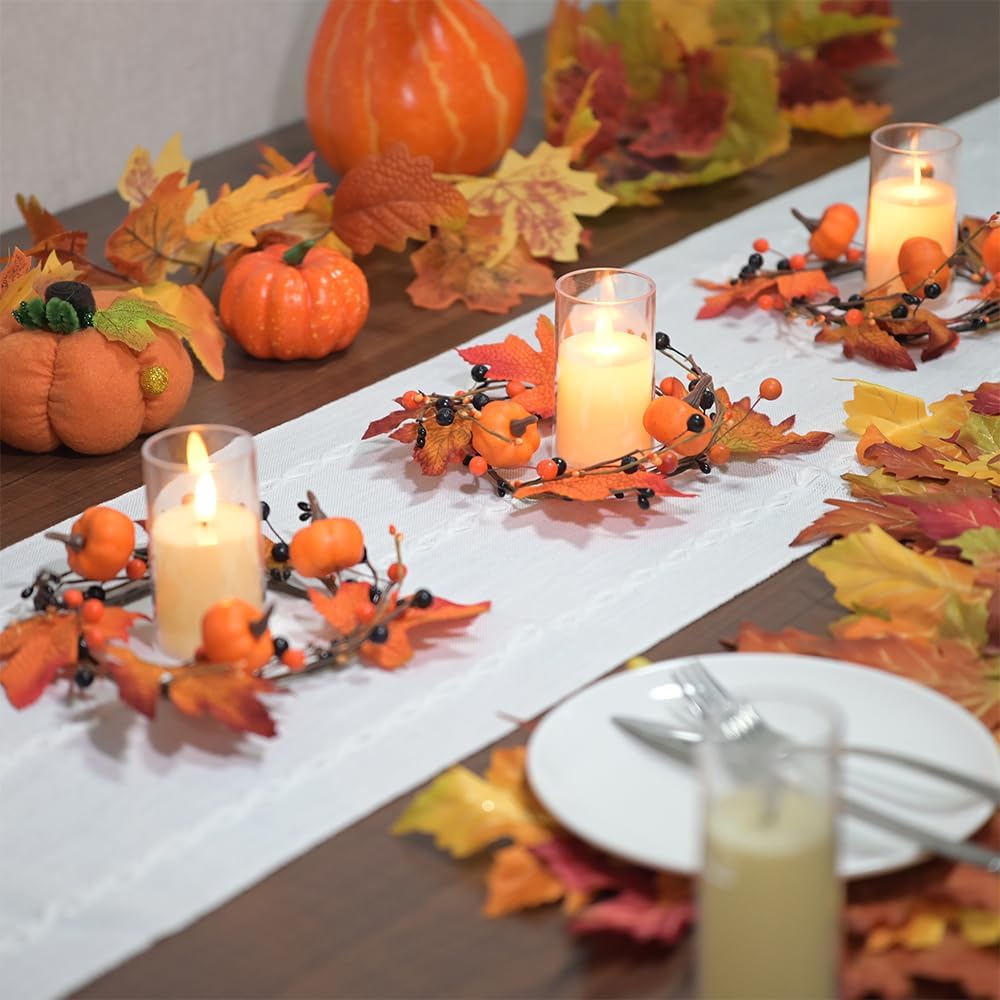 Skiennix 3-Piece Fall Candle Rings - Autumn Maple Leaves & Pumpkins | Perfect for Halloween & Thanksgiving Decor