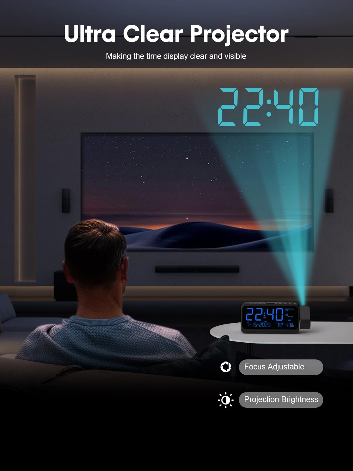 ROCAM Projection Alarm Clock for Bedroom Ceiling, Digital Clock with 180° Projector with 5-Level Dimmer, Dual Loud Alarm with Weekend/Weekday Mode, Date, Temp, Humidity, Night Light, DST, Snooze