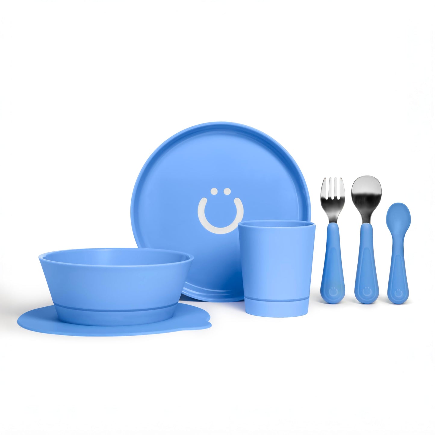 Ubbi Food-Grade Non-Toxic Toddler Feeding Set with Interchangeable Suction Base, Stainless Steel Utensils, BPA-Free, Stackable and Dishwasher-Safe, Self-Feeding for Baby-Led Weaning, Polaris Blue