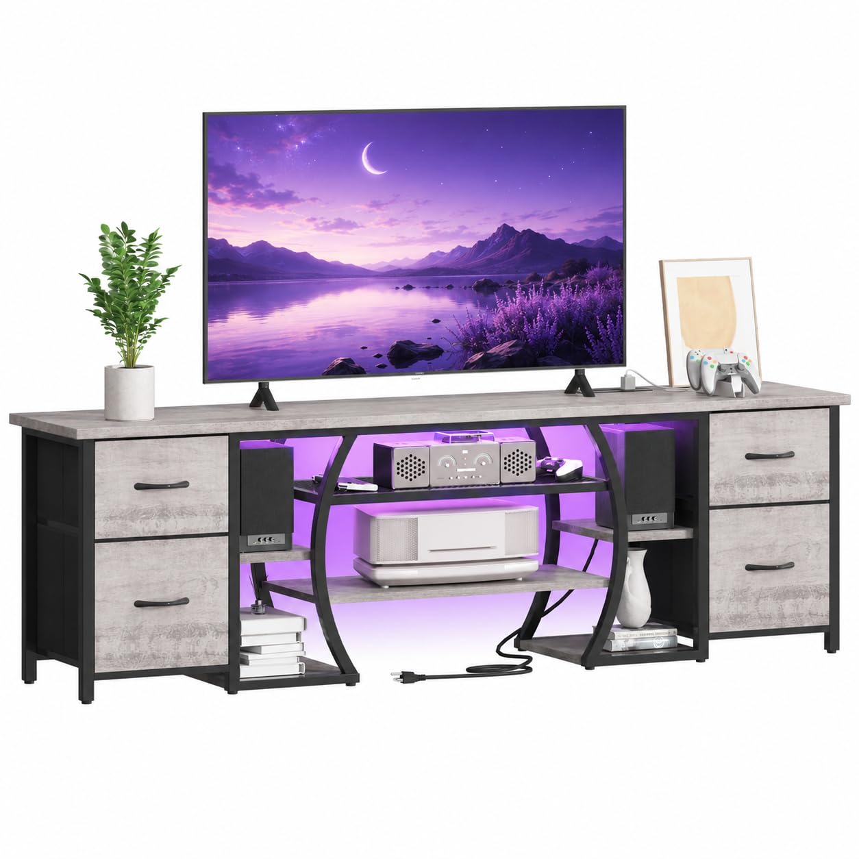 ZHNSYDN LED TV Stand for 65, 70, 80 Inch TV,71 Inch Industrial Entertainment Center with Power Outlets,Media Console Table with Open Storage Shelves & Fabric Drawers for Living Room Bedroom,Greige