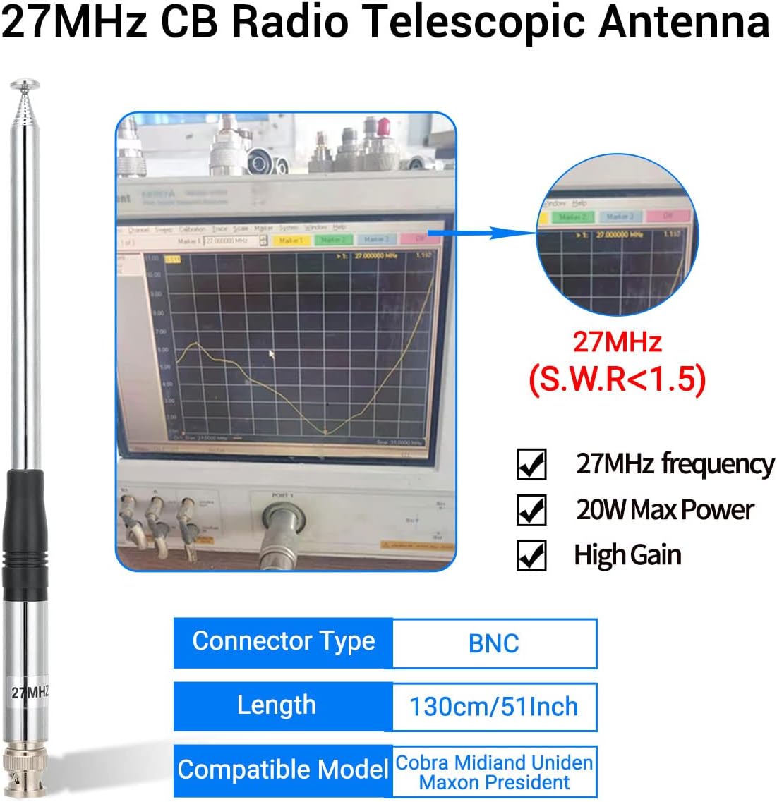 Roniware 27Mhz 9-Inch 51-inch 75-822 75-785 CB Antenna to Telescopic/Rod HT Antennas for Handheld CB Radio with BNC