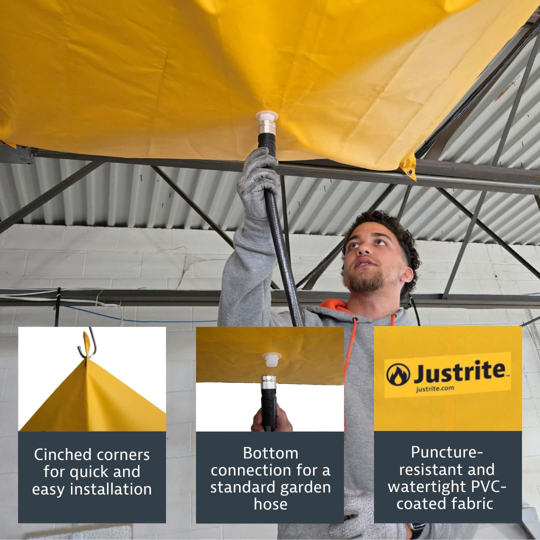 Justrite Ceiling Leak Diverter Tarp with Hose Connection and Corner Grommets, 7' x 7' Puncture-Resistant and Watertight PVC-Coated Fabric, for Temporary Leak Fix, Made in The USA, Yellow, 28304