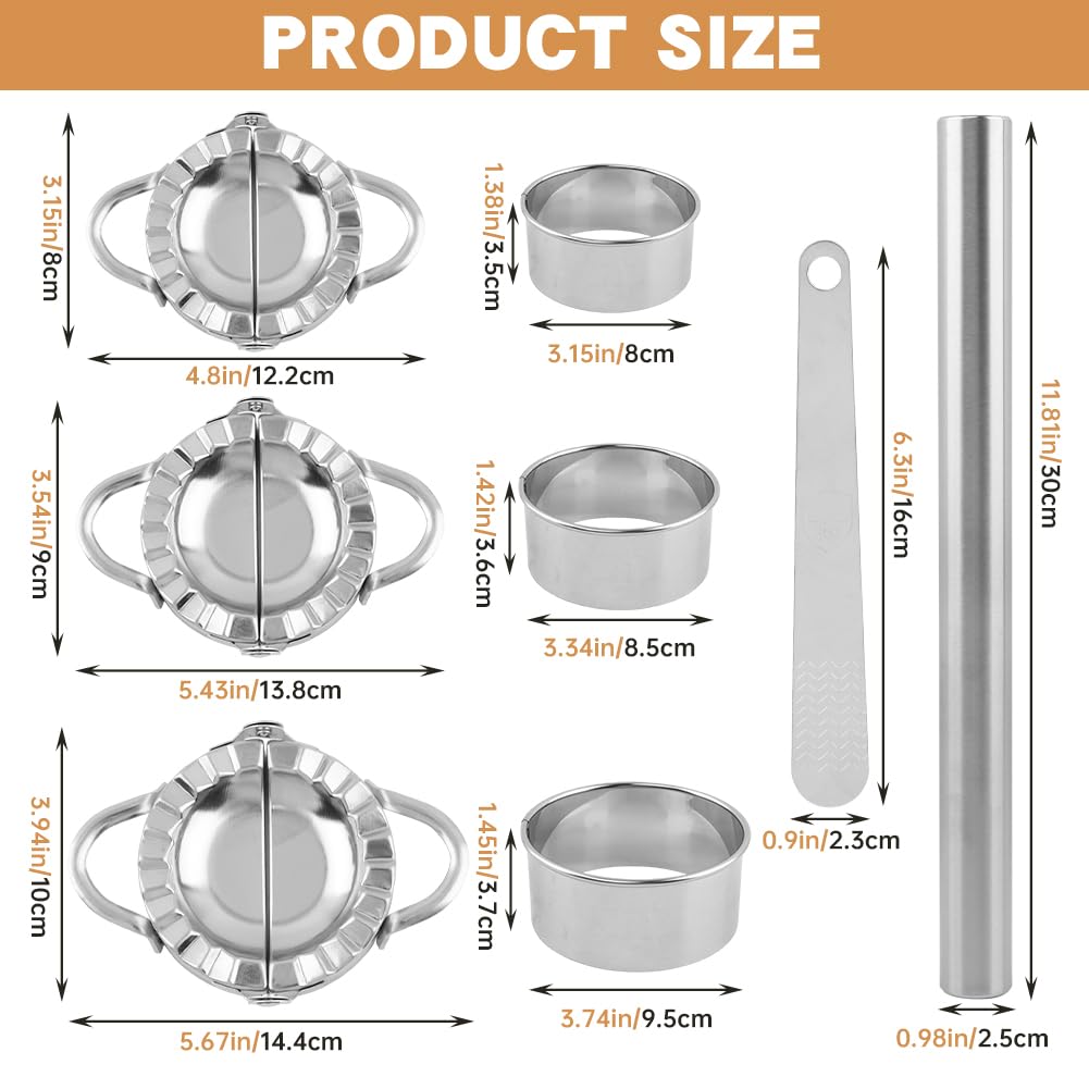 Stainless Steel Dumpling Maker Set, 3 Dumpling Maker Press + 3 Dough Cutter + 1 Stuffing Scoop +1 Rolling Pin, Easy tool for Dumpling-Wrapper Dough Stamp Cutter Pastry Pie Making(COLOR:Silver)