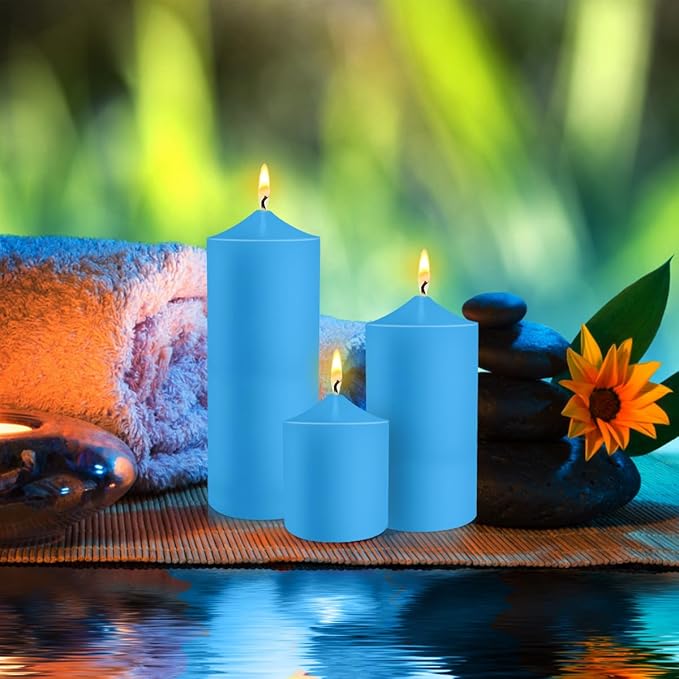 Pillar Candles 3 x 4, 6, and 8 inches, Large Handmade Candles Set of 3, Blue Decorative Candles for Wedding, Home Decoration, Dinner, Church
