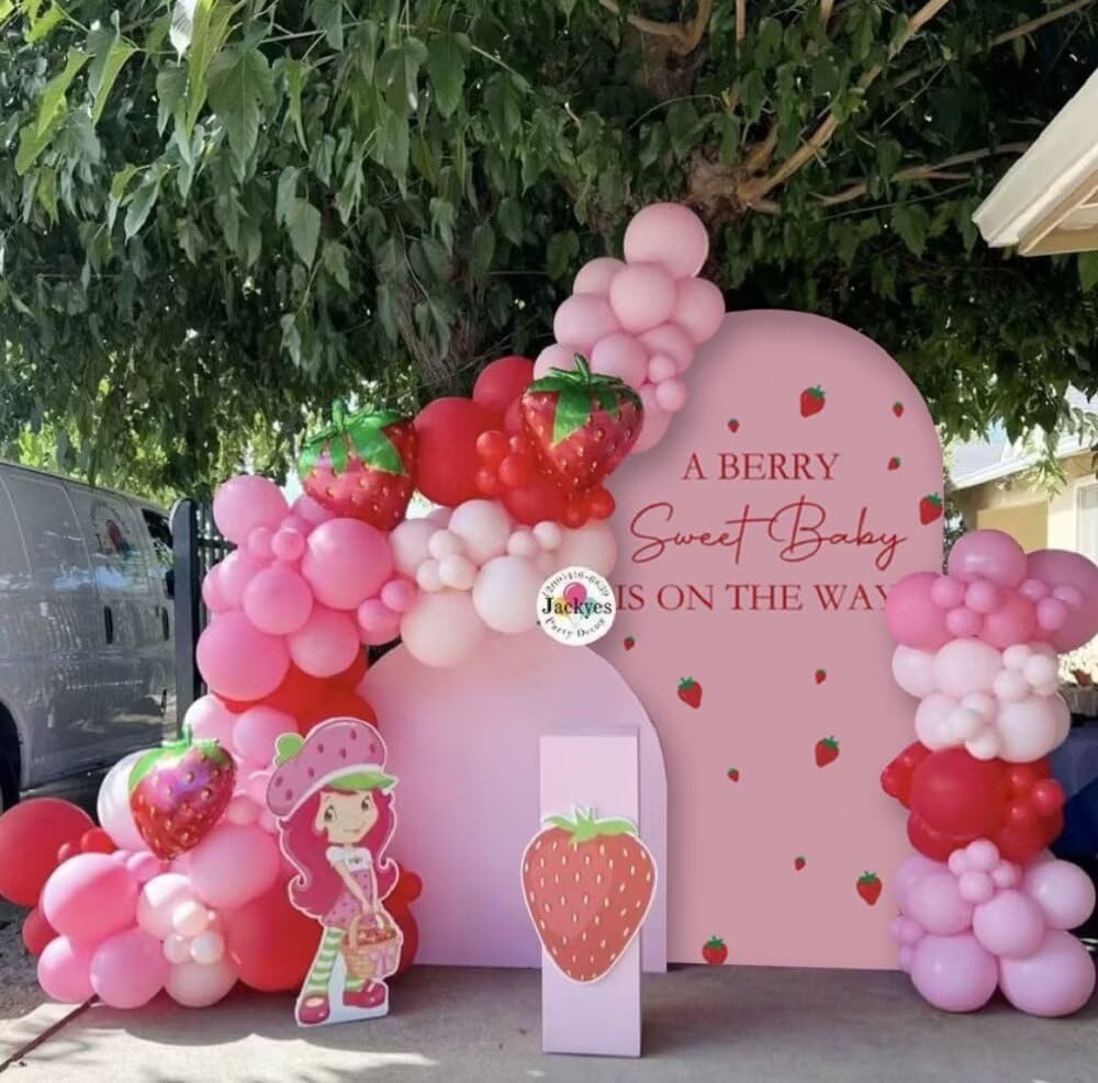 KONPON A Berry Sweet Baby is ON The Way! Pink Arched Backdrop Cover Strawberry Theme Stretchy Arched Stand Covers