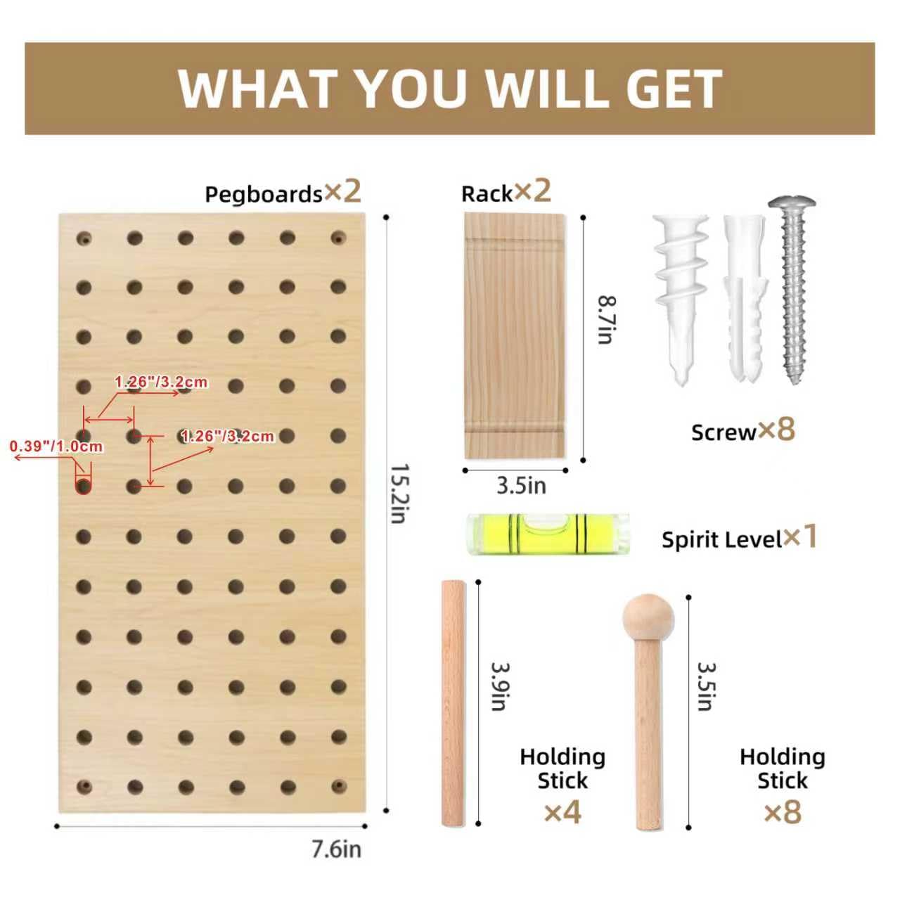 UMICAL 2 Pack Beige Wooden Pegboard, Modular Wall Organizer Storage Shelf with Hooks, Multi‑Use Display Peg Board for Home Office Bathroom Laundry Room