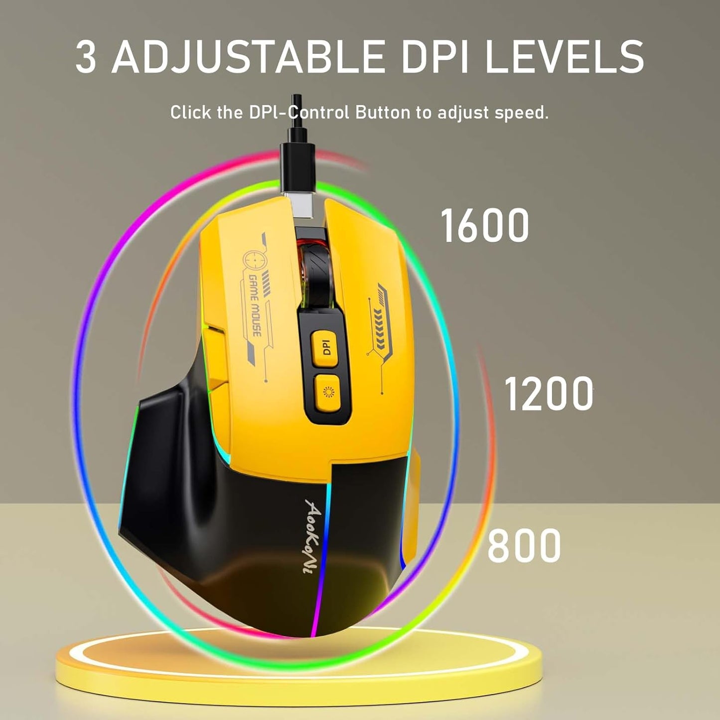 mobiproduct 5 7200, Wireless MouseErgonomic Mouse with Adjustable DPI up to RGB Breathing Lights, Compatible