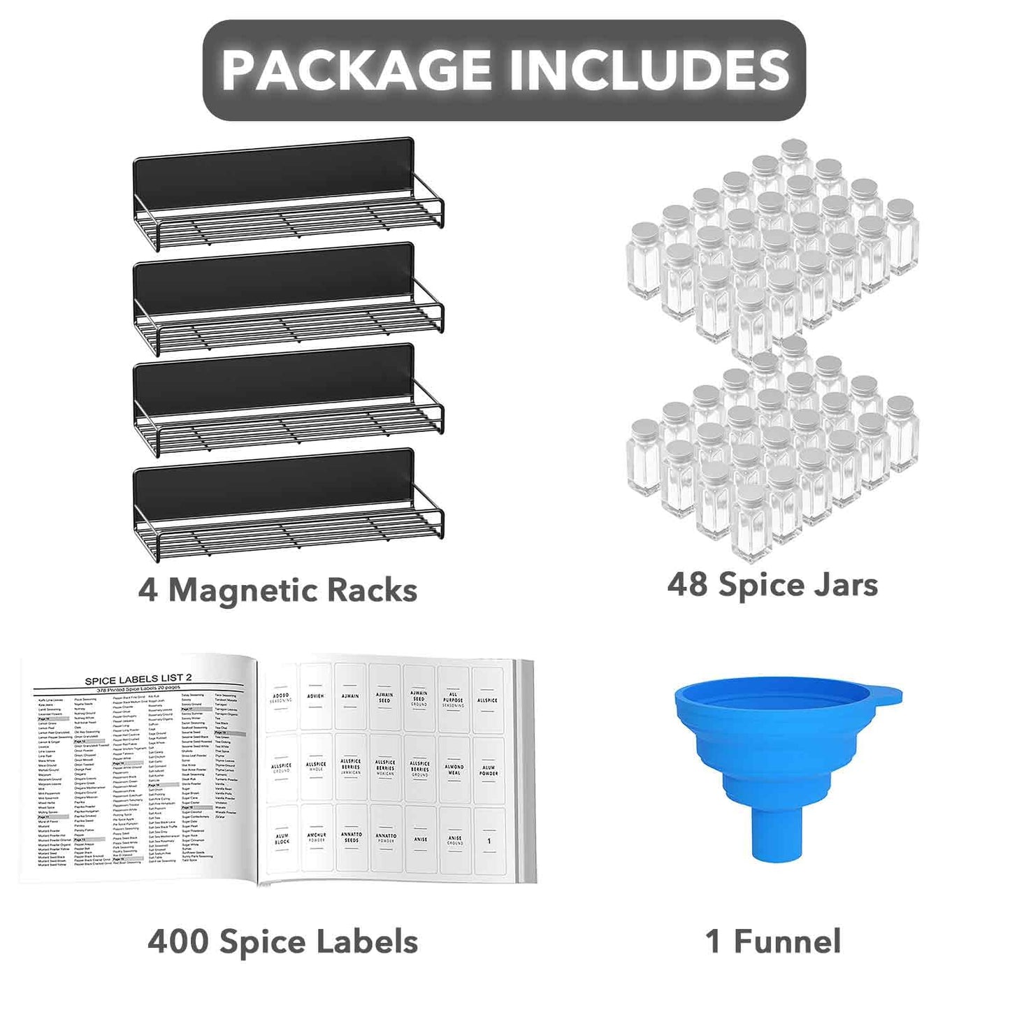 SpaceAid 4 Pack Magnetic Spice Rack with 48 Spice Jars, 400 Spice Labels and Funnel, Space Saving Refrigerator Fridge Oven Shelf Organizer