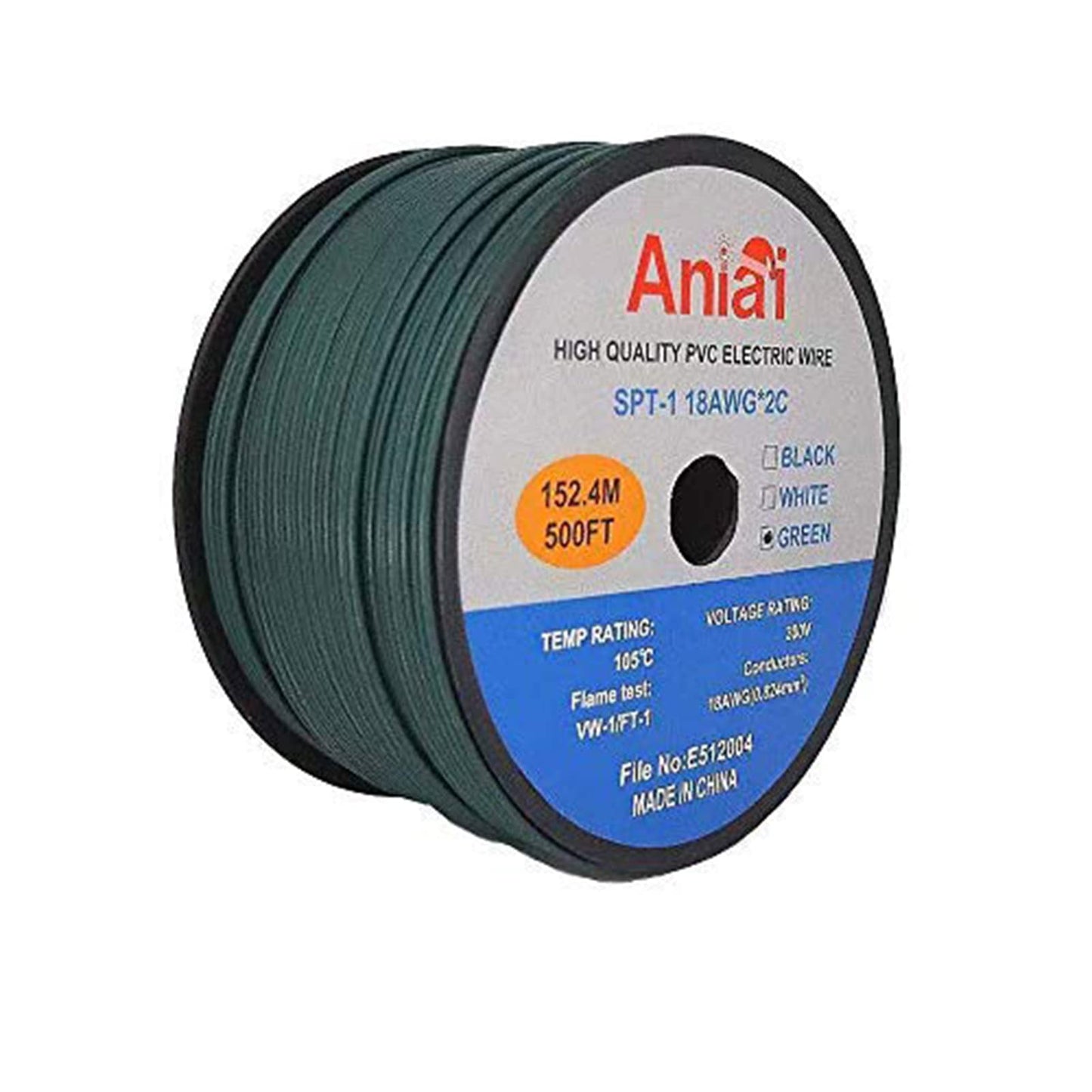 Aniai SPT-1 18/2 Low Voltage Landscape Lighting Copper Wire - 500 Feet Green 18 Gauge 2 Conductor - Outdoor Direct Burial