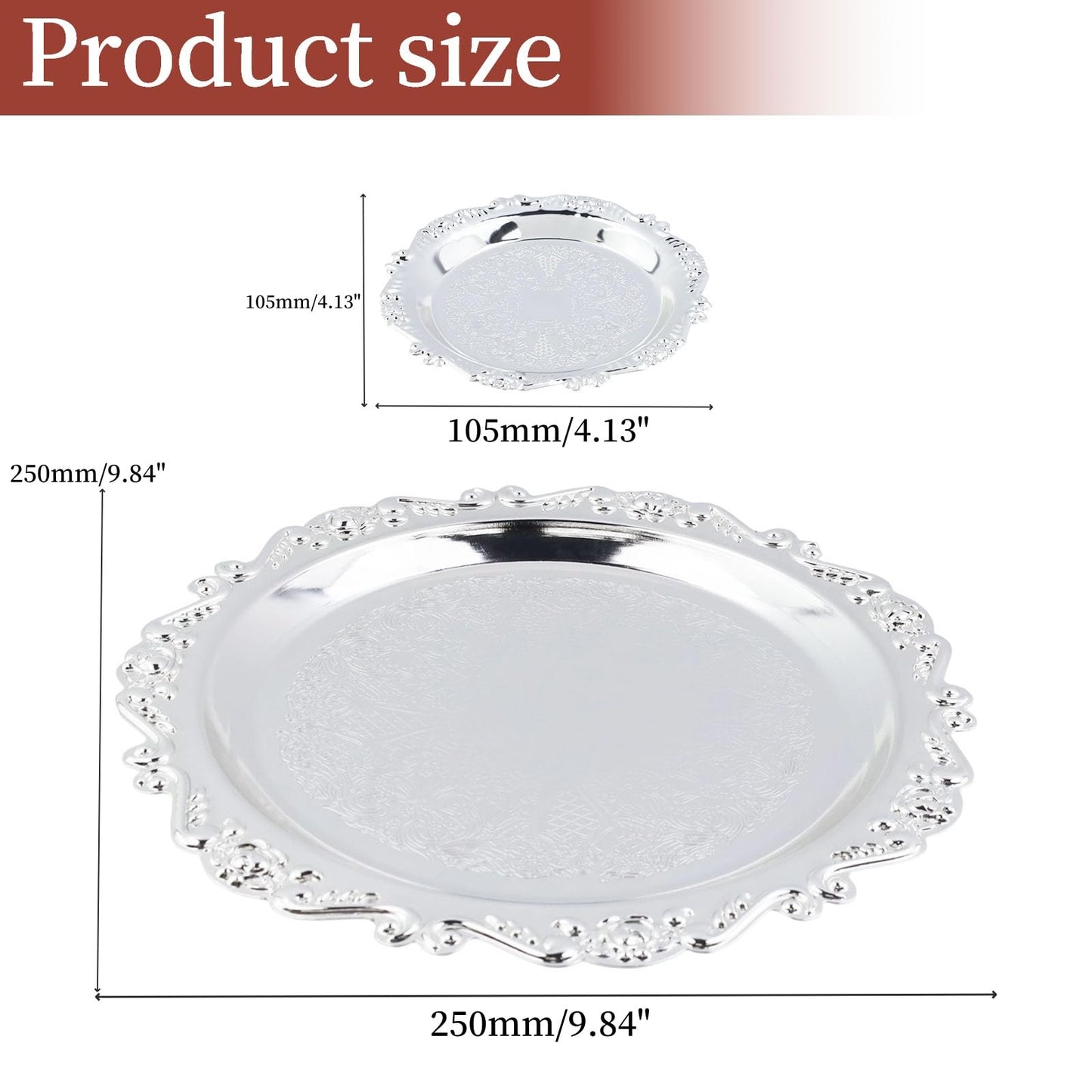 Quluxe Round Platter Serving Tray Metal Reusable Decorative Appetizer Platter Dessert Plate for Kitchen Party Centerpiece Display, 2 Pcs Silver (4 Inch+10 Inch)
